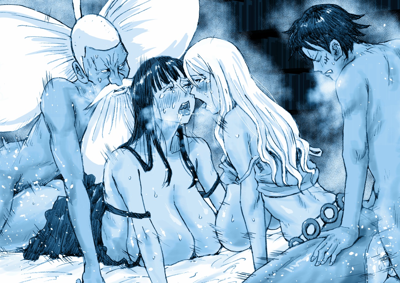 2boys, 2girls, age difference, beard, black hair, blue theme, blush, bookshelf, breasts, clenched teeth, closed eyes, clothing, clover (one piece), facial hair, facial scar, female, large breasts, library, long hair, looking at another, male, min71182, monkey d luffy, monochrome, mother and daughter, multiple boys, multiple females, multiple girls, multiple males, nico olvia, nico robin, nico robin (elbaf), one piece, open mouth, prone bone, saliva, scar, scar on cheek, scar on face, sex, sex from behind, straight, sweat, teeth, tongue, tongue out, white hair