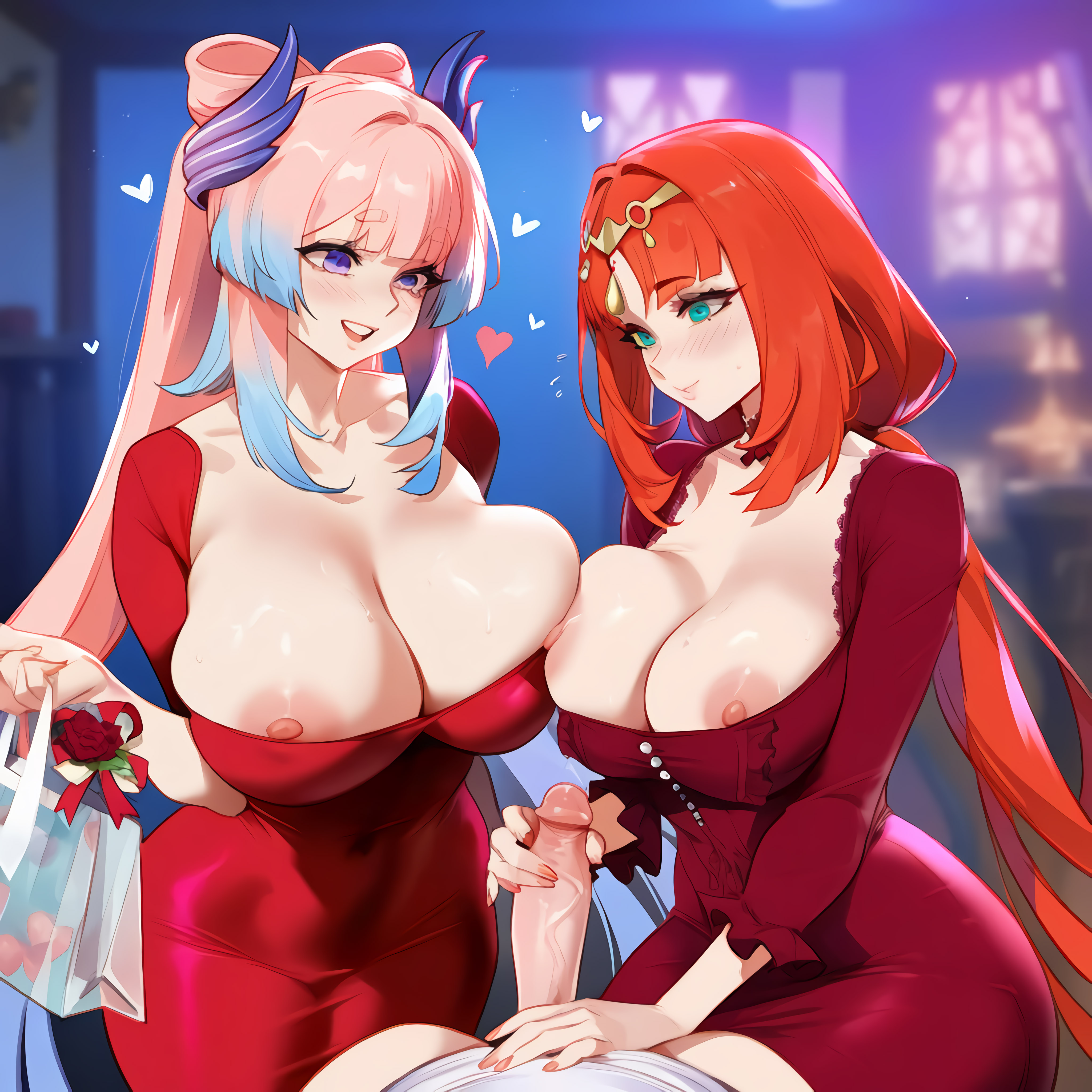 1boy, 2girls, aether (genshin impact), ai generated, areola slip, areolae, asymmetrical docking, black legwear, blush, bouquet, breasts, cleavage, cooperative fellatio, cooperative handjob, depressu, dress, erection, female, flower, genshin impact, handjob, heart, huge breasts, large breasts, large penis, long hair, male, male pov, nilou (genshin impact), nipples, open mouth, penis, pov, red dress, red hair, sangonomiya kokomi, short dress, smile, thighhighs, threesome, veiny penis, very long hair, white legwear