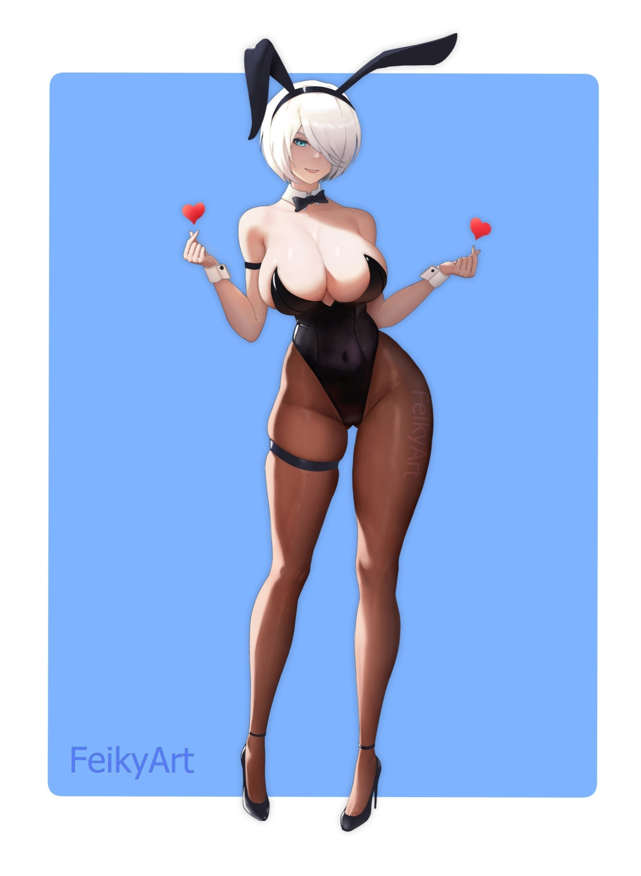 big breasts, breasts, bunnysuit, curvy figure, feikyart, female, nier: automata, playboy bunny, yorha 2b
