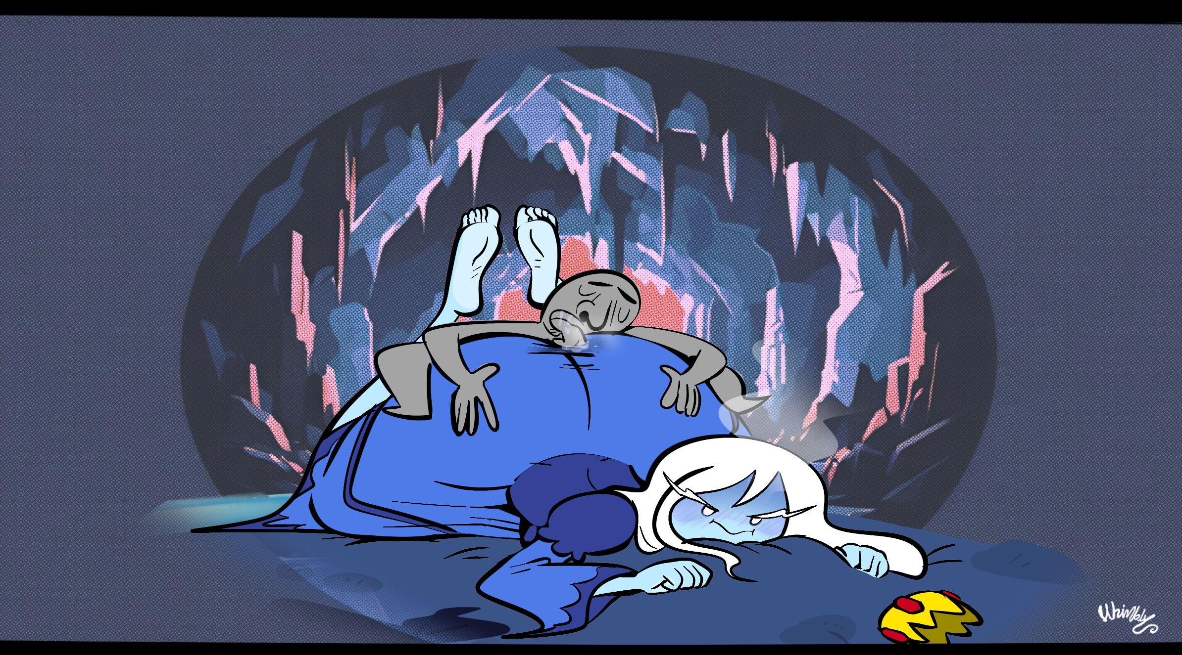 2025, alternate version available, bed, bedroom, blue body, blue breasts, blue clothing, blue dress, blue skin, blush, blush lines, breasts, crown, female, gold crown, gold jewelry, ice queen, ice queen (adventure time), licking, licking ass, licking through clothes, whimbly, white eyes, white hair