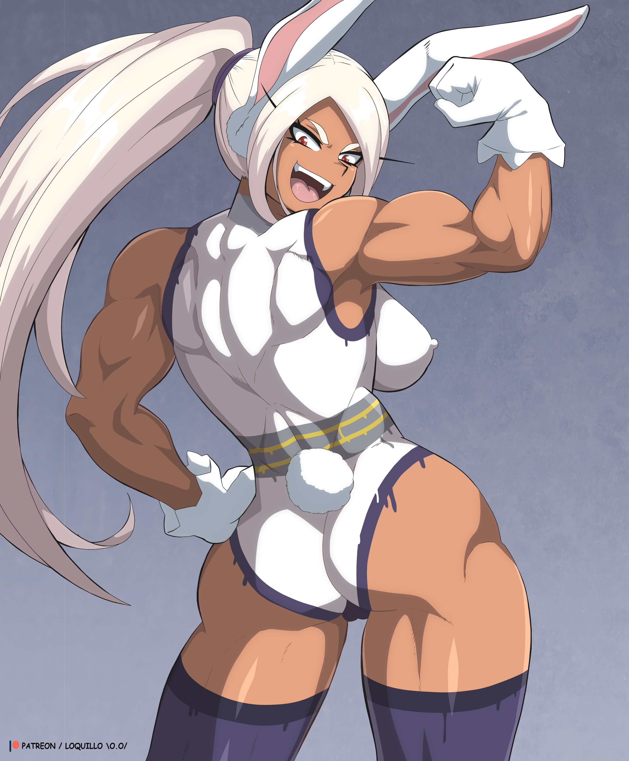 1girls, animal ears, animal tail, ass, back muscles, big breasts, bodypaint, breasts, bunny ears, bunny tail, female, female only, functionally nude, functionally nude female, gloves, hair, hand on hip, handwear, looking back, loquillo, miruko, muscles, muscular, muscular female, my hero academia, nipples, ponytail, red eyes, rumi usagiyama, smile, tail, thick thighs, thighs, tied hair, white hair, white-haired female