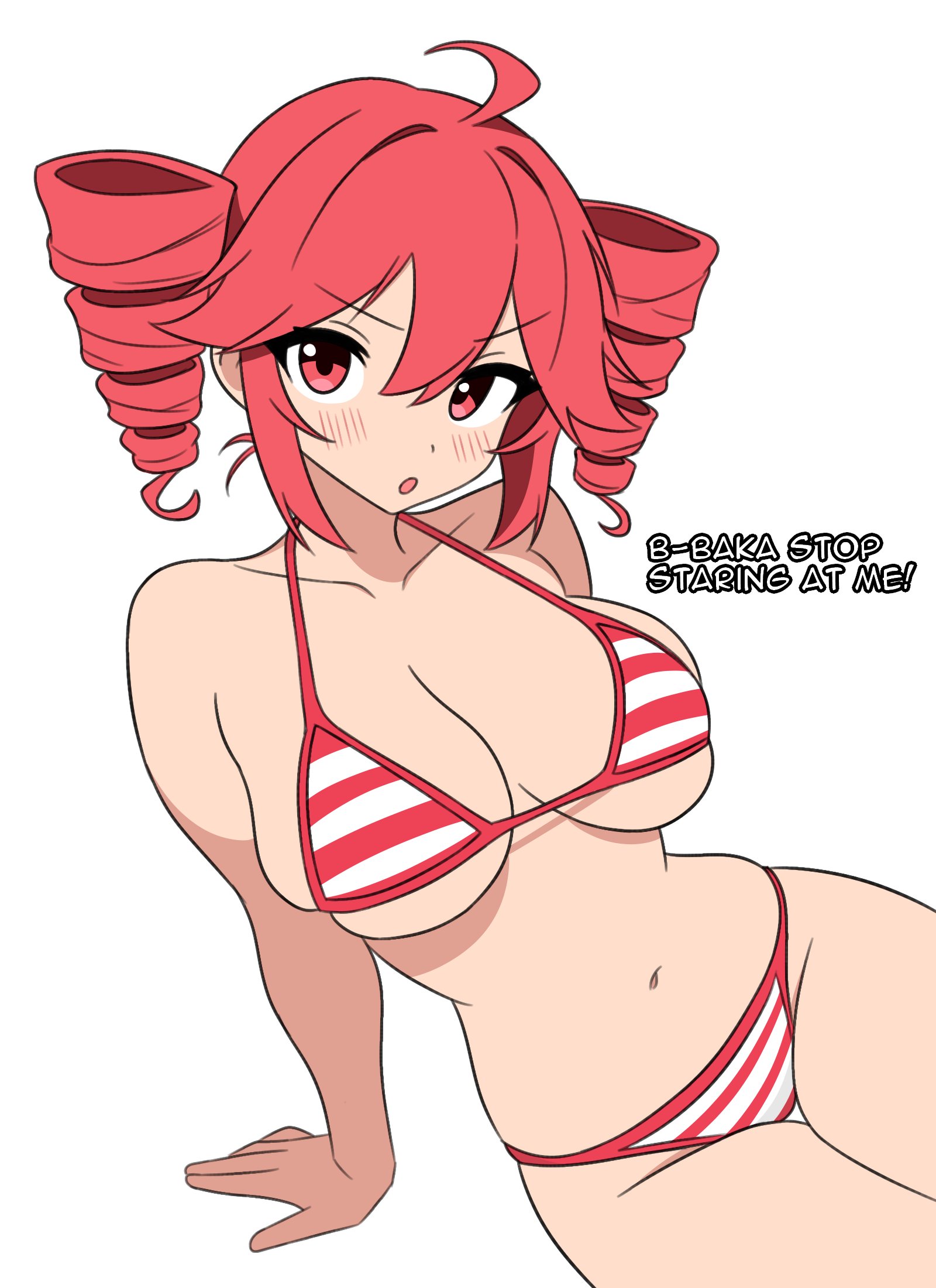 1girls, 2d, 2d (artwork), 64vii, ahoge, annoyed, big breasts, bikini, blush, blush lines, breasts, curvy, curvy female, curvy figure, dialogue, english dialogue, english text, female, female only, huge breasts, kasane teto, large breasts, navel, red eyes, red hair, shinyy luna, sitting, skindentation, slim waist, small waist, solo, solo female, speaking to viewer, striped bikini, talking to viewer, text, thick thighs, thigh gap, thighs, tsundere, twin drills, utau, wide hips
