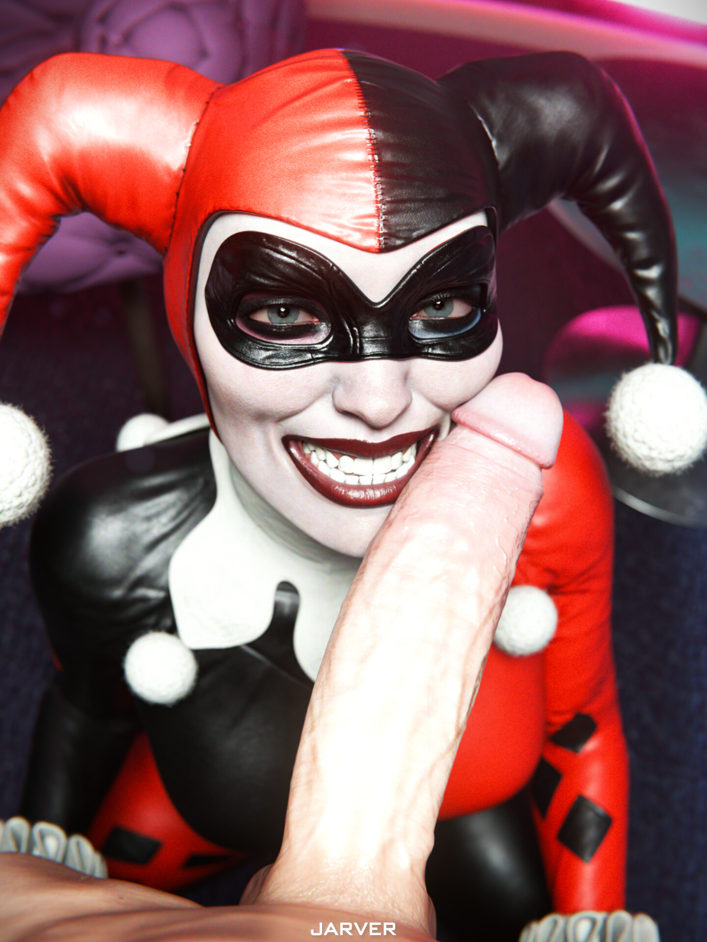 1boy, 1girls, 3d, 3d (artwork), batman (series), blender, clown, clown girl, cock, completely naked, completely nude, dc, dc comics, dick, dick on face, female, happy, harley quinn, harley quinn (classic), harley quinn (injustice), injustice 2, jarver, looking at viewer, male, male/female, naked, naked male, nude, nude male