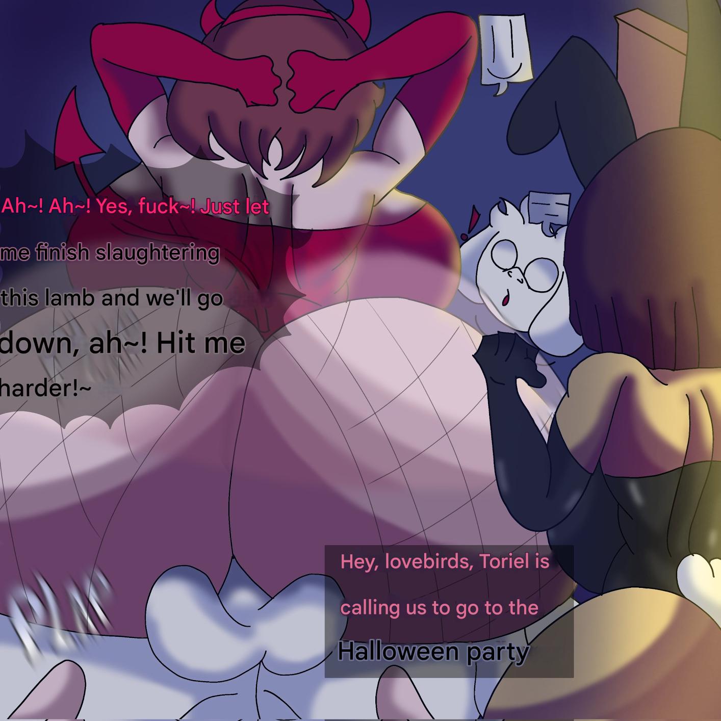 1boy2girls abraham_mega aggresive_sex angry asriel_dreemurr big_ass big_breasts big_penis bunny_girl bunny_suit bunny_tail chara demon_costume demon_tail dominant_female frisk halloween halloween_costume halloween_theme horn large_ass large_breasts night night_sky undertale