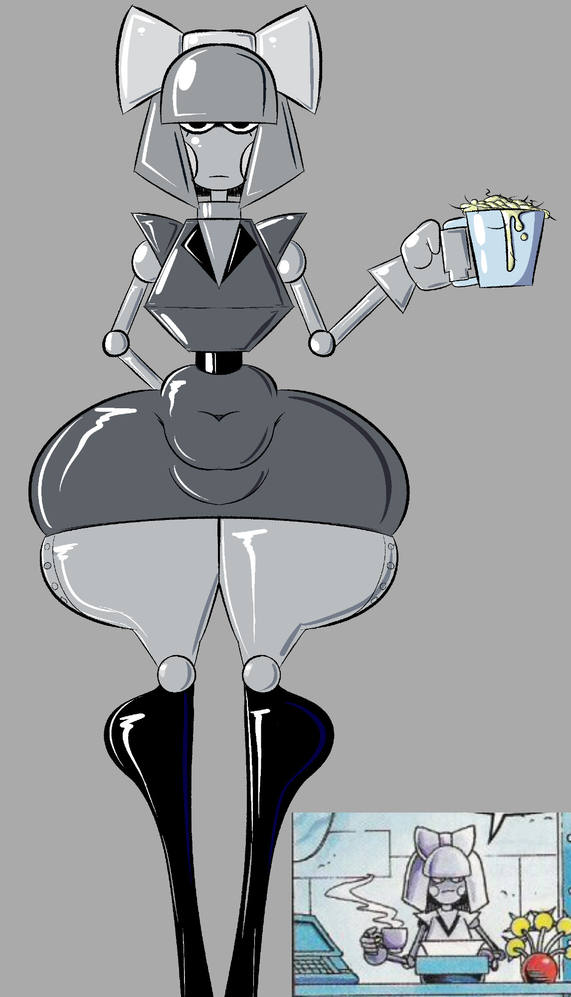 1girls, black leggings, blank expression, bob cut, bow, cum in cup, dorkzone, female, grey body, grey dress, receptionik, robot girl, rosy cheeks, solo, sonic (series), wide hips