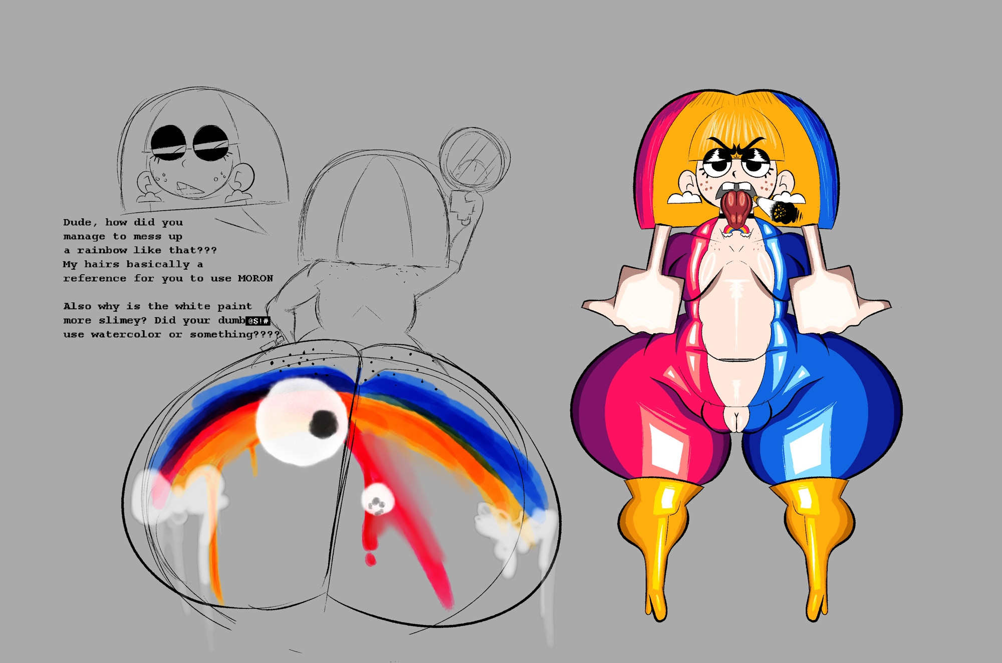 1girls, ass, ass focus, black eyeshadow, boots, breasts, buckteeth, chica's magic rainbow, chica's magic rainbow (character), chica's magic rainbow (human), choker, cigarette, dorkzone, earrings, female, five nights at freddy's, five nights at freddy's world, fnaf world, freckles, freckles on ass, huge ass, huge pussy, humanized, latex suit, middle finger, mirror, paint on ass, pussy, rainbow hair, solo, standing, text, tongue, tongue out, tooth gap, wide hips