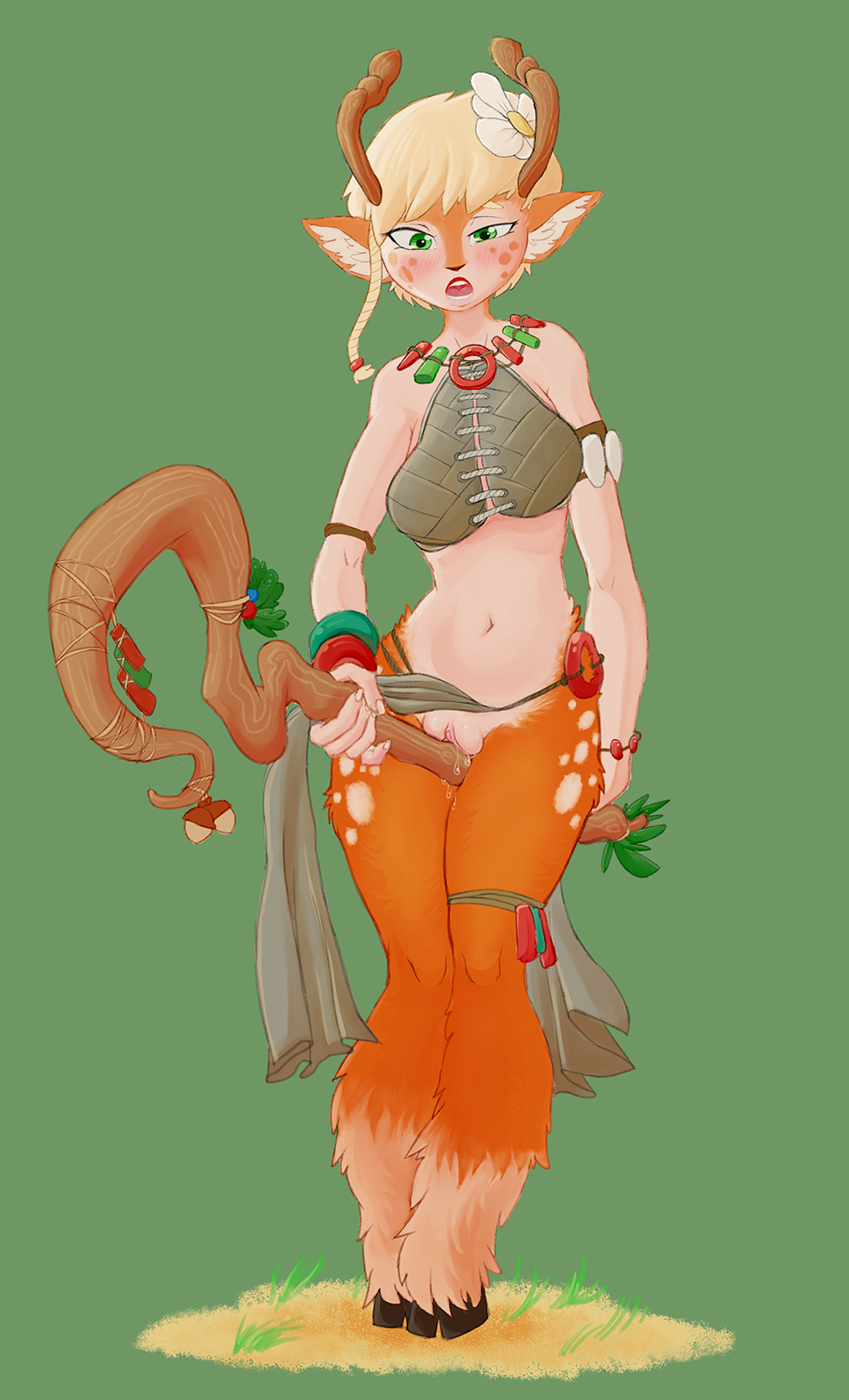 anthro antlers battlerite blossom_(battlerite) cervine clothed clothing deer female hair hooves horn kumanaut mammal masturbation pussy pussy_juice satyr short_hair simple_background solo