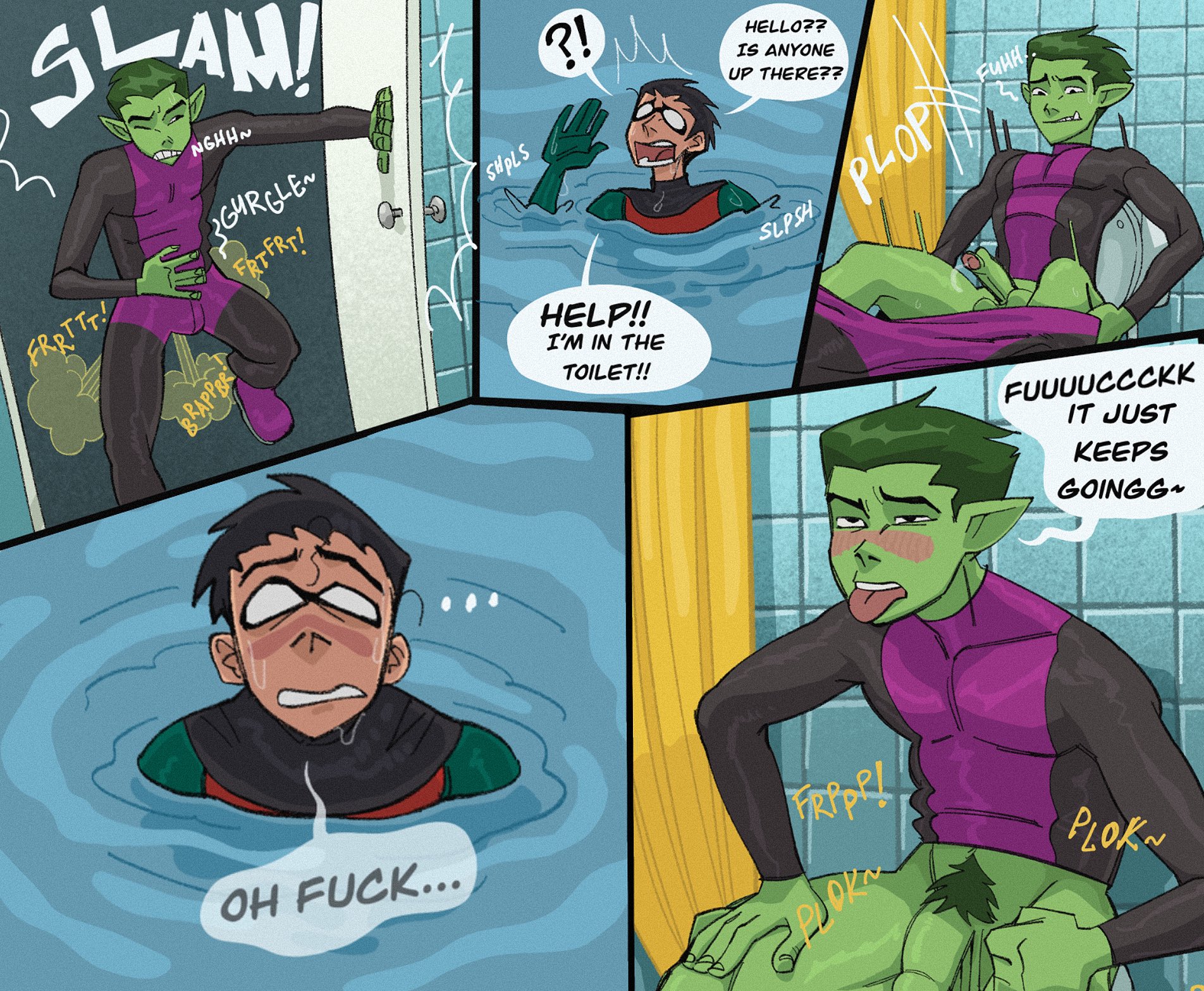 2boys, balls, bathroom, beast boy, dc, dc comics, dick grayson, fart, foreskin, gay, green body, male, male only, male/male, micro male, microphilia, muscular, only male, penis, pinecone chicken, robin (dc), robin (dick grayson), robin (teen titans), shrunk, size difference, superhero, teen titans, tiny male, toilet, toilet use, uncircumcised