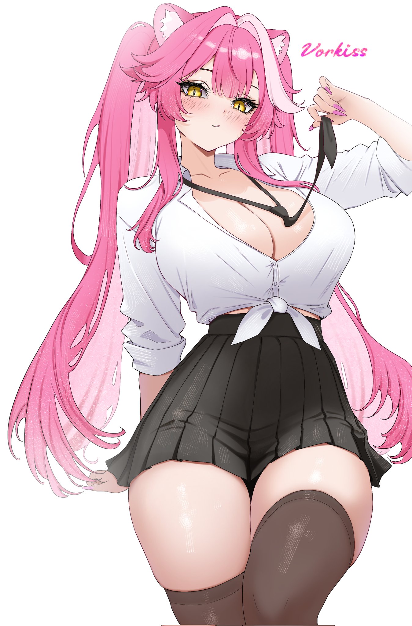alternate costume, animal ear fluff, animal ears, artist name, black necktie, black skirt, black thighhighs, blush, breasts, cleavage, closed mouth, collared shirt, commentary, cowboy shot, female, fingernails, hair intakes, hand up, highres, hololive, hololive english, hololive english -justice-, large breasts, long fingernails, long hair, looking at viewer, loose necktie, midriff peek, multicolored hair, nail polish, necktie, panther ears, panther girl, partially unbuttoned, pink hair, pink nails, pleated skirt, raora panthera, shirt, simple background, skirt, sleeves rolled up, slit pupils, solo, standing, streaked hair, thighhighs, tied shirt, virtual youtuber, vorkiss, white background, white hair, white shirt, yellow eyes