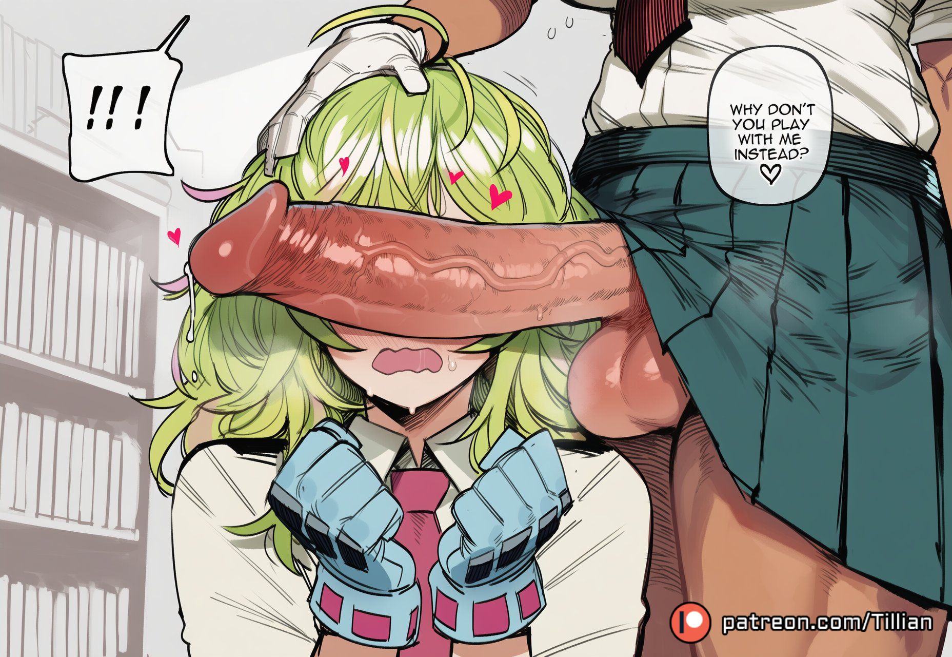 !, !!, 1boy, ai generated, blush, bookshelf, clenched hands, collared shirt, dark-skinned male, english text, erection, female, gloves, green hair, green skirt, hagakure tooru (visible), hand on another's head, heart, huge cock, large penis, male, necktie, open mouth, penis, penis awe, penis on face, pleated skirt, red necktie, school uniform, shirt, skirt, solo focus, speech bubble, straight, testicles, tillian, tooru hagakure, u.a. school uniform, uncensored, veins, veiny penis, wavy mouth, white shirt