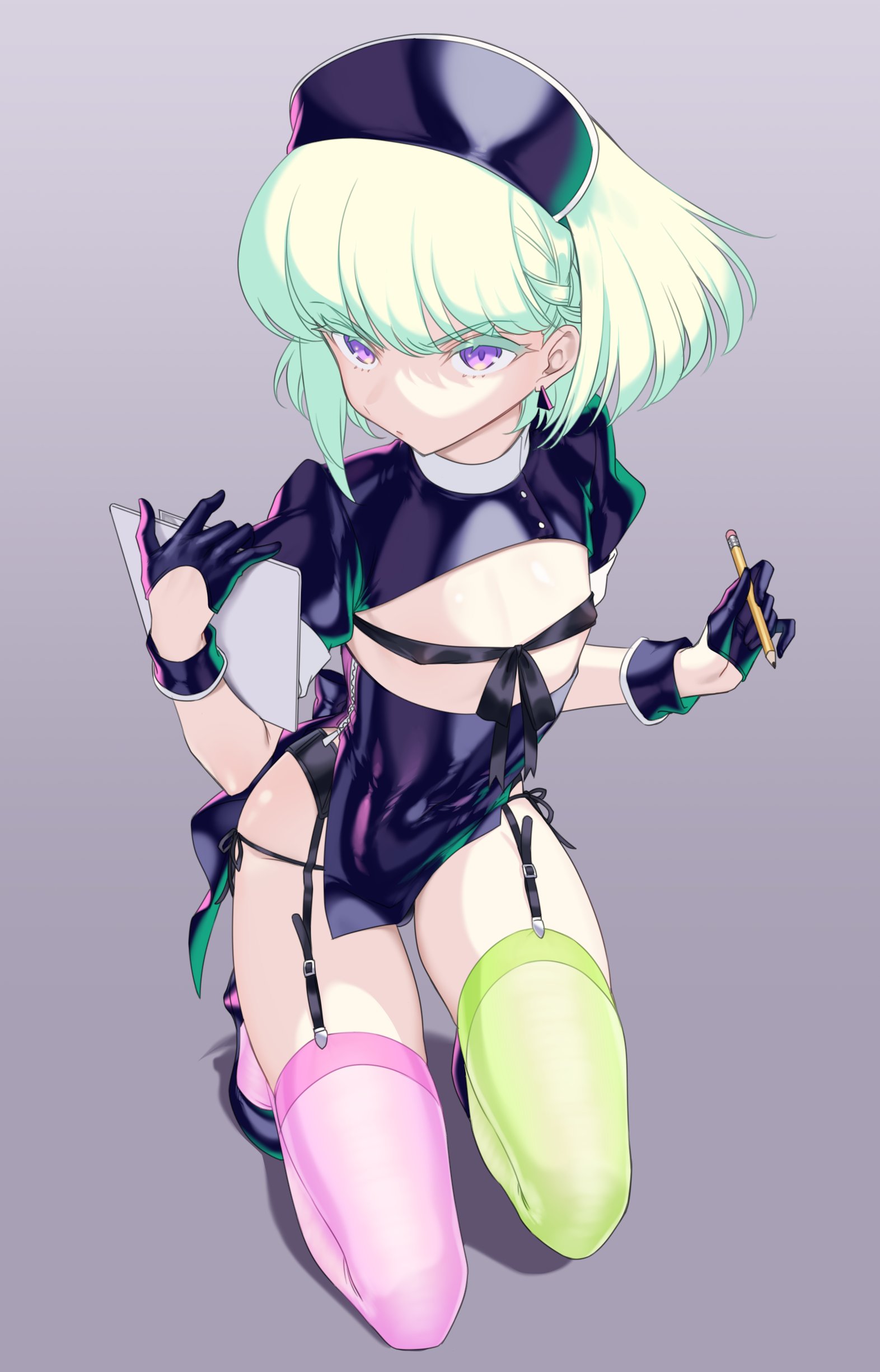 androgynous, bob cut, burrrntlemon, crossdressing, femboy, gloves, lio fotia, male, nurse, nurse cap, nurse uniform, promare, stockings