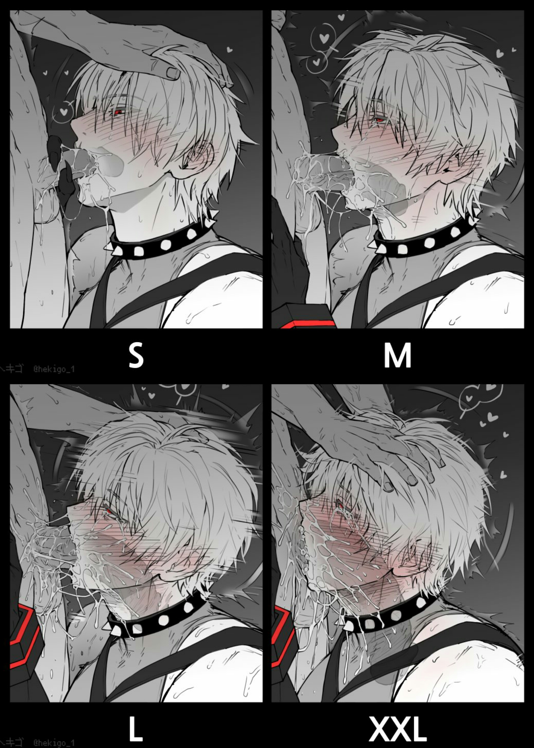 13 thirteen, 2boys, all the way to the base, bara, big penis, bitch bara, blowjob, blush, choker, collage, compass (game), cum, cum in mouth, deepthroat, faggot, gay, hearts around head, hekigo, himbo, homosexual, huge cock, male, medium penis, muscular, muscular bottom, muscular male, pecs, pectorals, penis, precum, red eyes, slutboy, small penis, white hair, white skin, yaoi