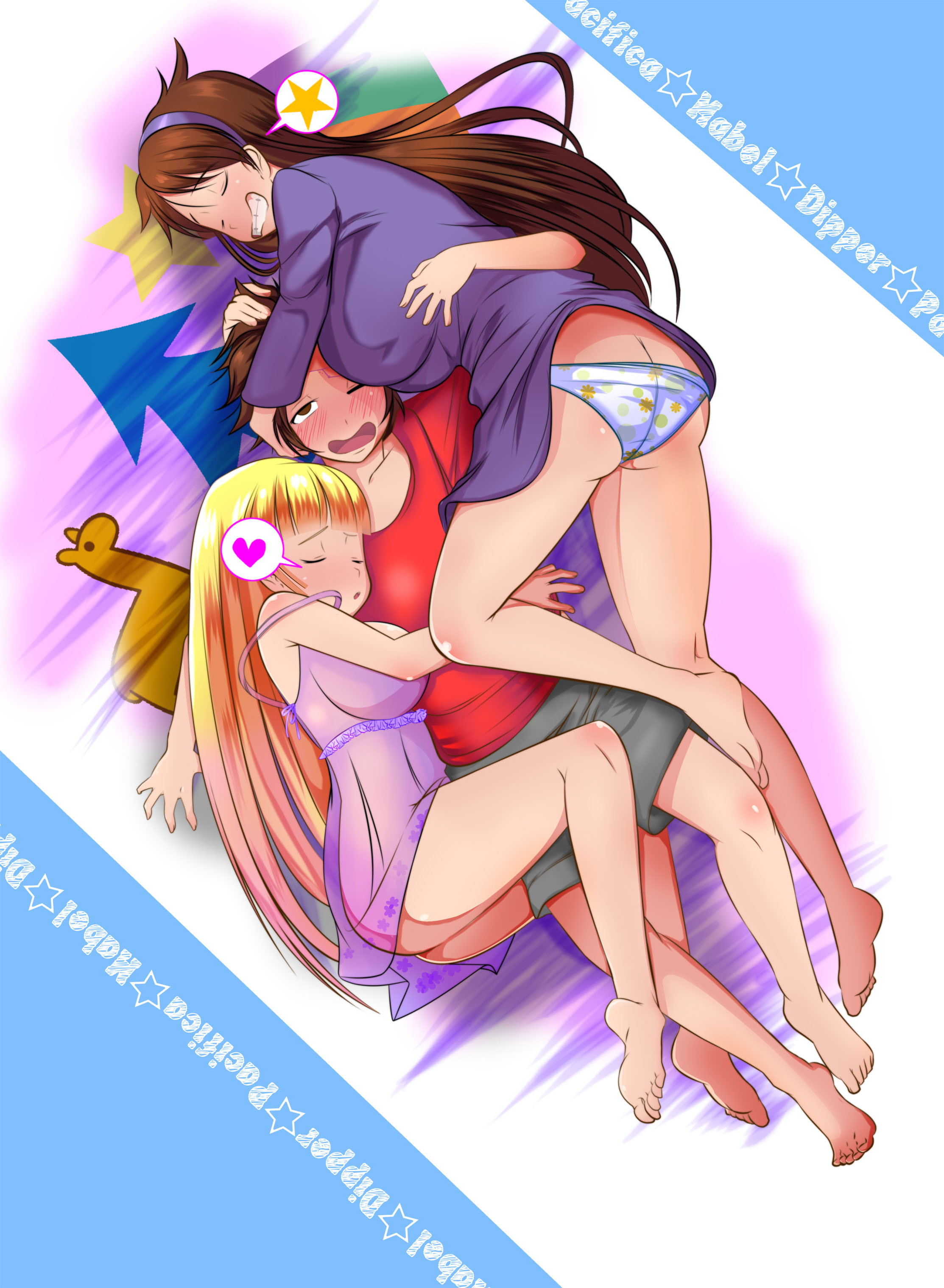 1boy, 2girls, aged up, barefoot, big breasts, blonde hair, breasts, breasts against head, brother and sister, brown eyes, brown hair, cuddling, cute, dipper pines, disney, disney channel, disney xd, female, ffm, ffm threesome, gravity falls, hugging, implied incest, in bed, light skin, light-skinned female, light-skinned male, lingerie, llama, lucky bastard, mabel pines, male, multiple females, multiple girls, no bra, no panties, pacifica northwest, panties, pine tree (symbol), see-through clothing, shooting star, sleeping, sleeping together, snuggling, straight hair, teddy, threesome, throuple, trio, white female, wholesome, xxangeluciferxx