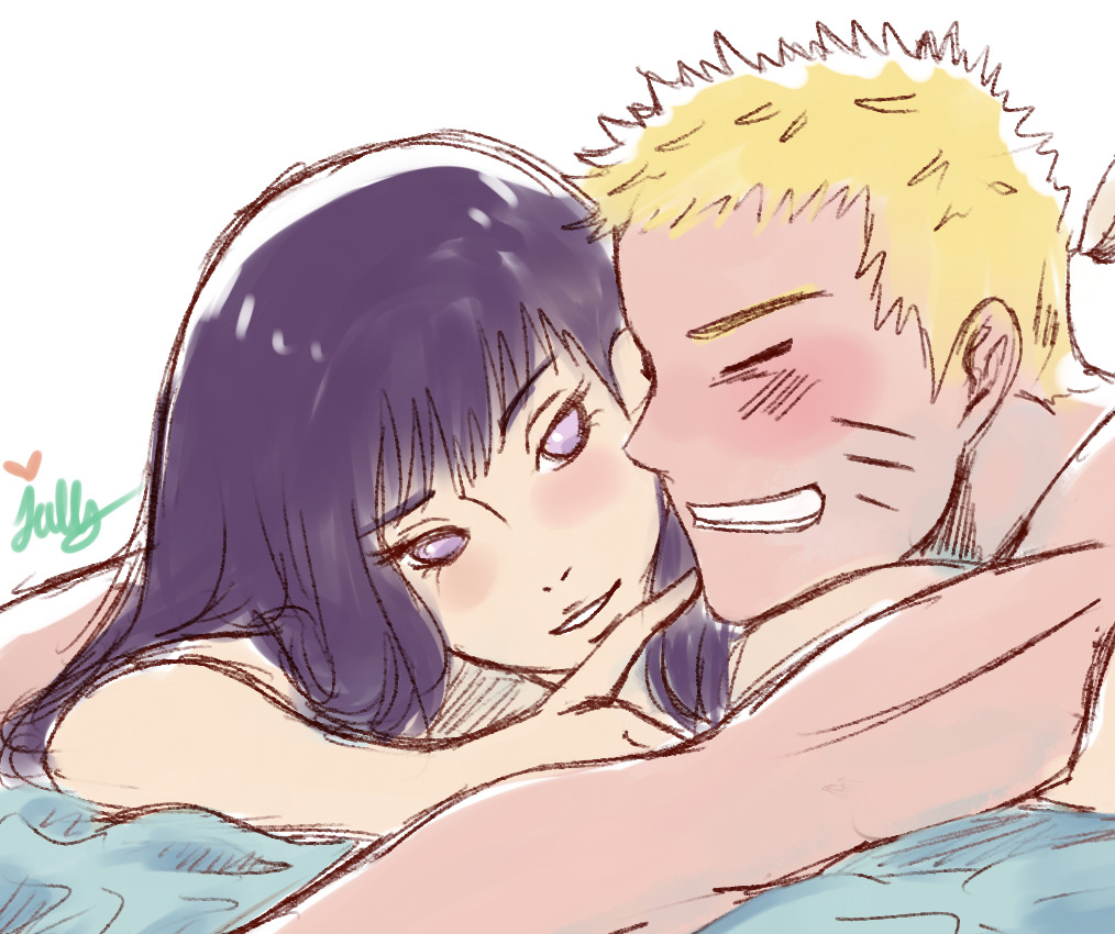 1boy, 1girls, artist name, badjolly, bed, bed sheet, black hair, blonde hair, blush, boruto: naruto next generations, canon couple, closed eyes, color, completely nude, cropped, female, grin, higher resolution available, husband and wife, hyuuga hinata, lighting, long hair, looking at partner, lying on bed, lying on stomach, male, married couple, muscular, muscular male, naruto, naruto (series), nude, poking, romantic, romantic couple, short hair, slight blush, smile, spiky hair, straight, uzumaki hinata, uzumaki naruto, waking up, watermark, white background, wholesome