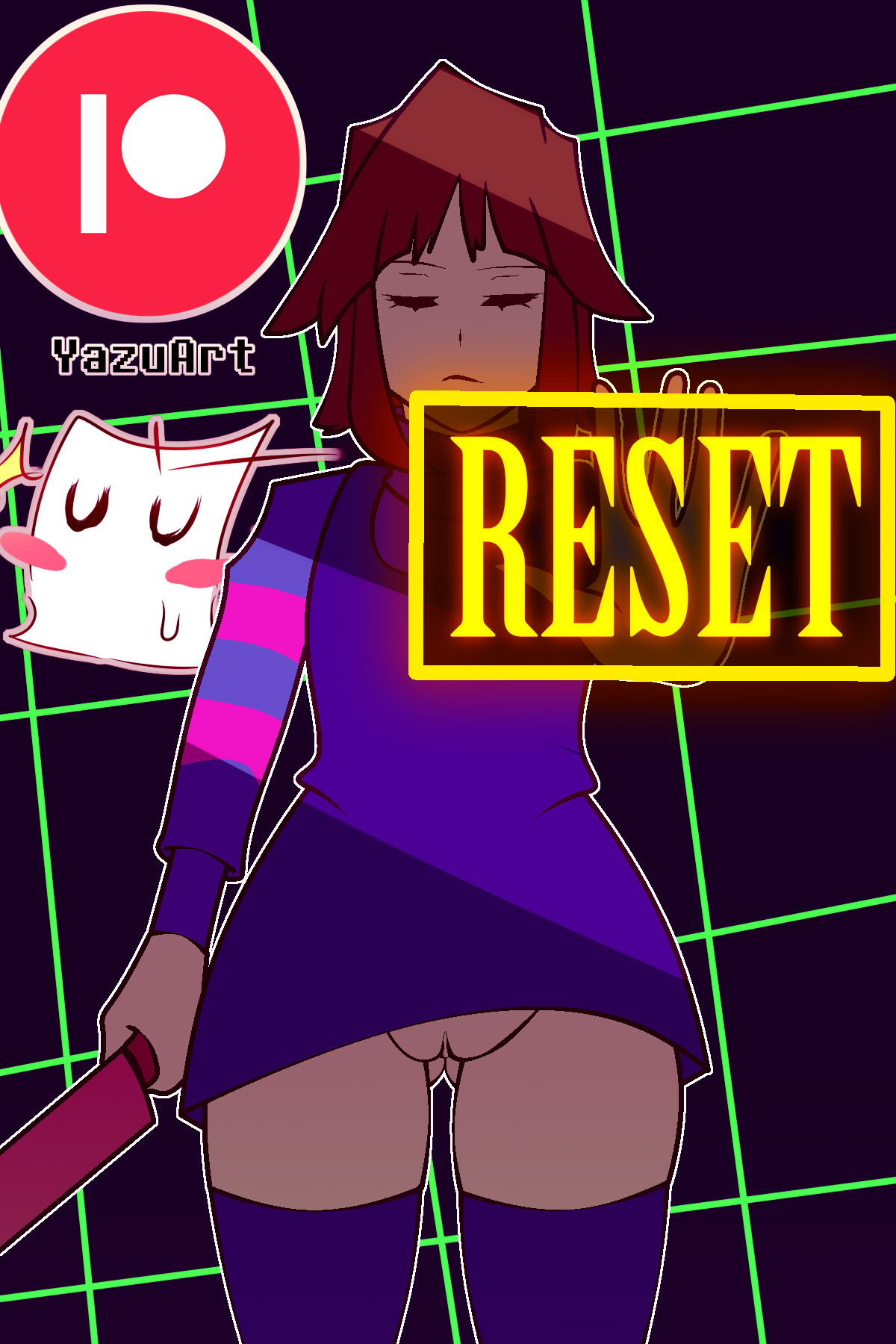 ass, button, female, female frisk, frisk, frisk (undertale), game ui, gameplay mechanics, knife, no panties, no pants, patreon, patreon logo, pussy, pussy exposed, shirt, text, thighhighs, undertale, undertale (series), yazu (artist), yazuel aliel