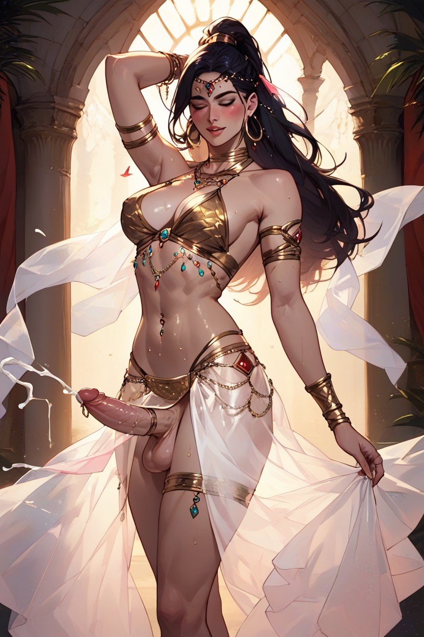 ai generated, armpits, belly dancer, closed eyes, dancer, dancing, ejaculation, futa only, futanari, gold jewelry, intersex, jewelry, lazza95