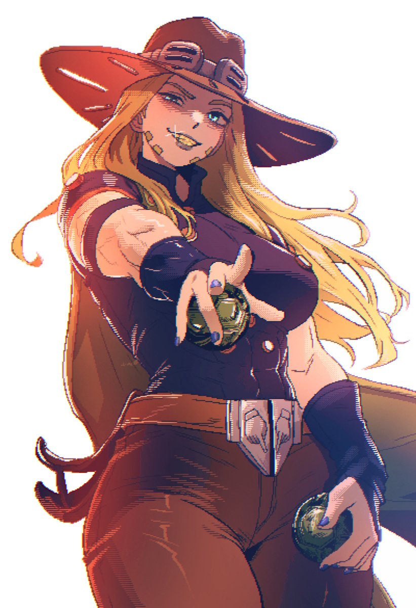 1girls, abs, absurdres, belt, belt buckle, black skirt, blonde hair, blue eyes, breasts, brown belt, brown pants, cowboy hat, detached sleeves, genderswap (mtf), goggles, goggles on head, gold teeth, green lipstick, gyro zeppeli, hat, jojo's bizarre adventure, large breasts, leather pants, lipstick, long hair, muscular, muscular female, one eye half-closed, purple nails, rule 63, simple background, smile, spoiledmuffin, steel ball (object), steel ball run, tomboy, very long hair, white hair, wide brim hat