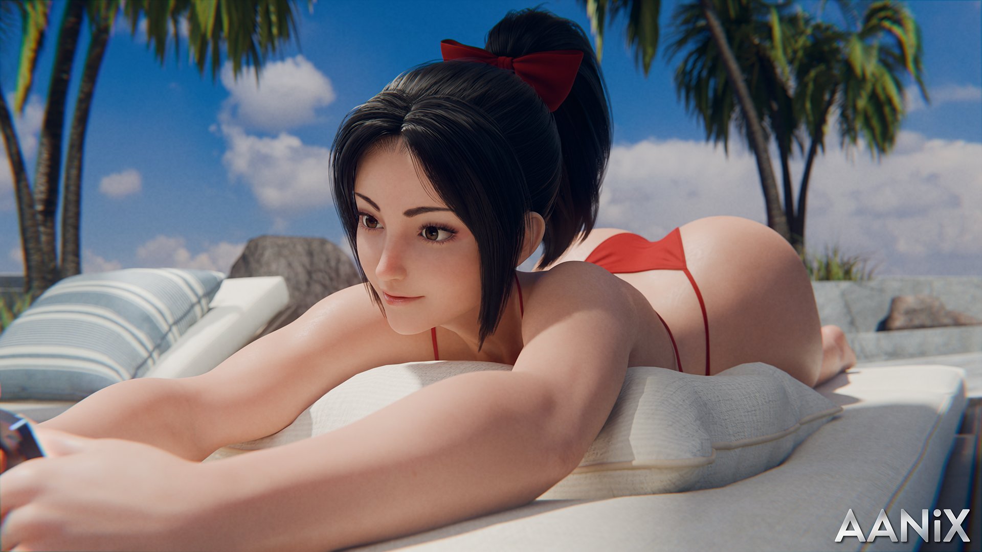 1girls, 3d, aanix, asian, asian female, ass, bikini, black hair, brown eyes, fatal fury, female, female only, king of fighters, light skin, light-skinned female, lying, lying on stomach, mai shiranui, outdoors, ponytail, red bikini, snk, solo, solo female, street fighter, street fighter 6, swimsuit, thick ass, thick thighs