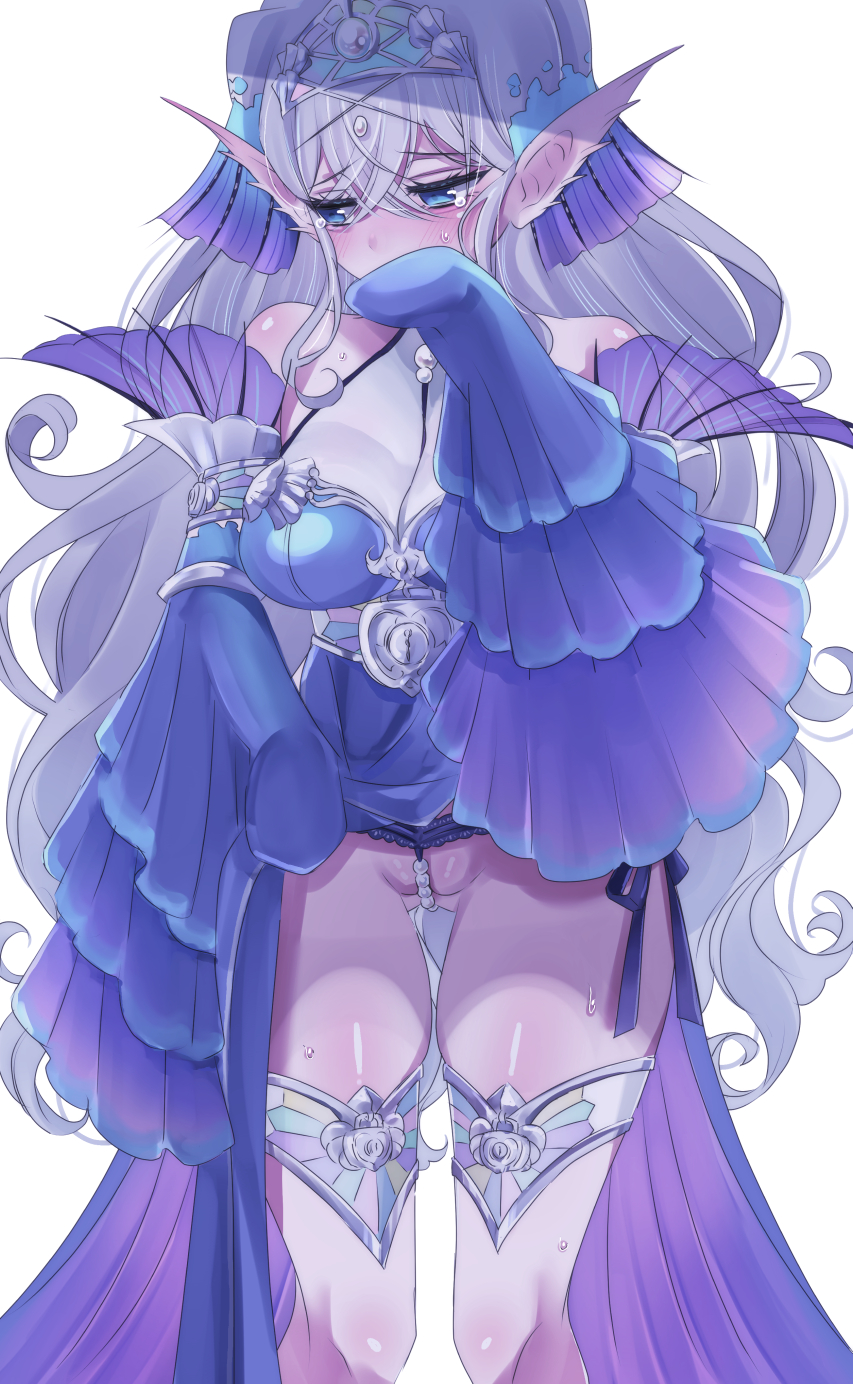 1girls, blush, bottomless skirt, crying, crying with eyes open, duel monster, embarrassed, female, fins, fully clothed, hayupipipipi, labia, long hair, looking down, merfolk, mermaid, pearl thong, pink skin, pussy, pussy juice, tearlaments kitkallos, tearlaments series (yu-gi-oh!), thighhighs, yu-gi-oh!
