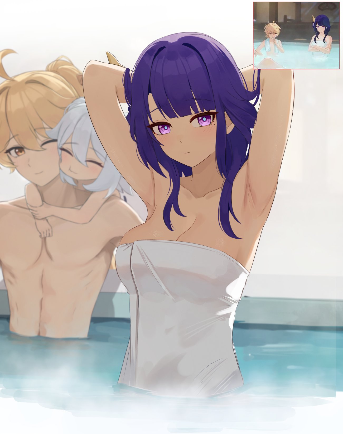 aether (genshin impact), armpits, arms up, female, genshin impact, light skin, light-skinned female, light-skinned male, male, mockingeu, paimon (genshin impact), purple eyes, purple hair, raiden shogun, towel, water