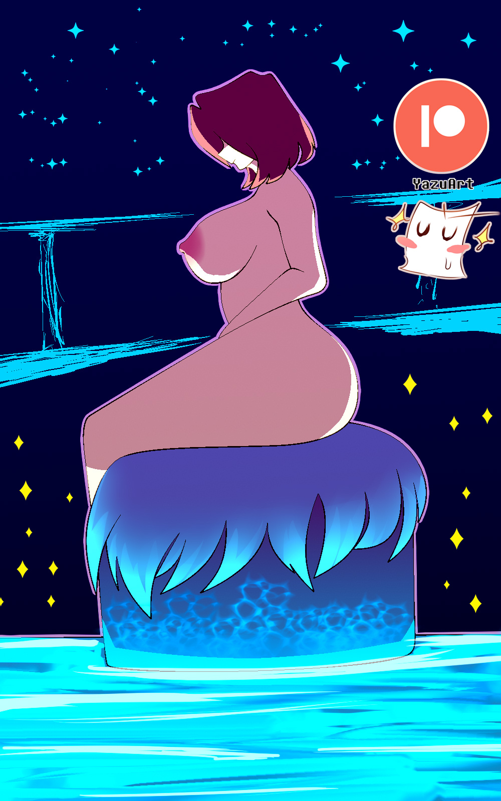 ass, big ass, big breasts, big butt, breasts, brown hair, female, female frisk, female only, frisk, frisk (undertale), grass, hidden eyes, legs, naked, naked female, patreon, patreon logo, solo, solo female, undertale, undertale (series), water, yazu (artist), yazuel aliel