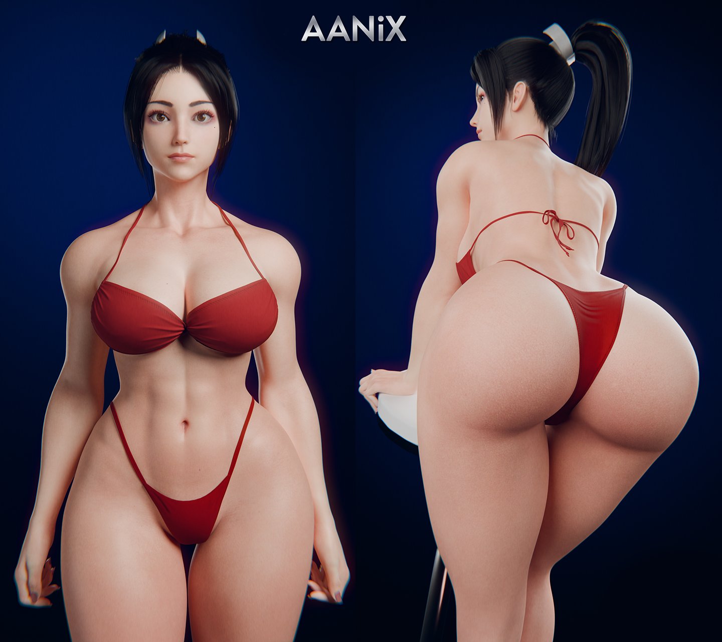 1girls, aanix, abs, asian, asian female, ass, bikini, black hair, brown eyes, fatal fury, female, female abs, female only, fit, fit female, king of fighters, looking at viewer, mai shiranui, ponytail, red bikini, snk, solo, solo female, street fighter, street fighter 6, swimsuit, thick ass, thick thighs, toned, toned female