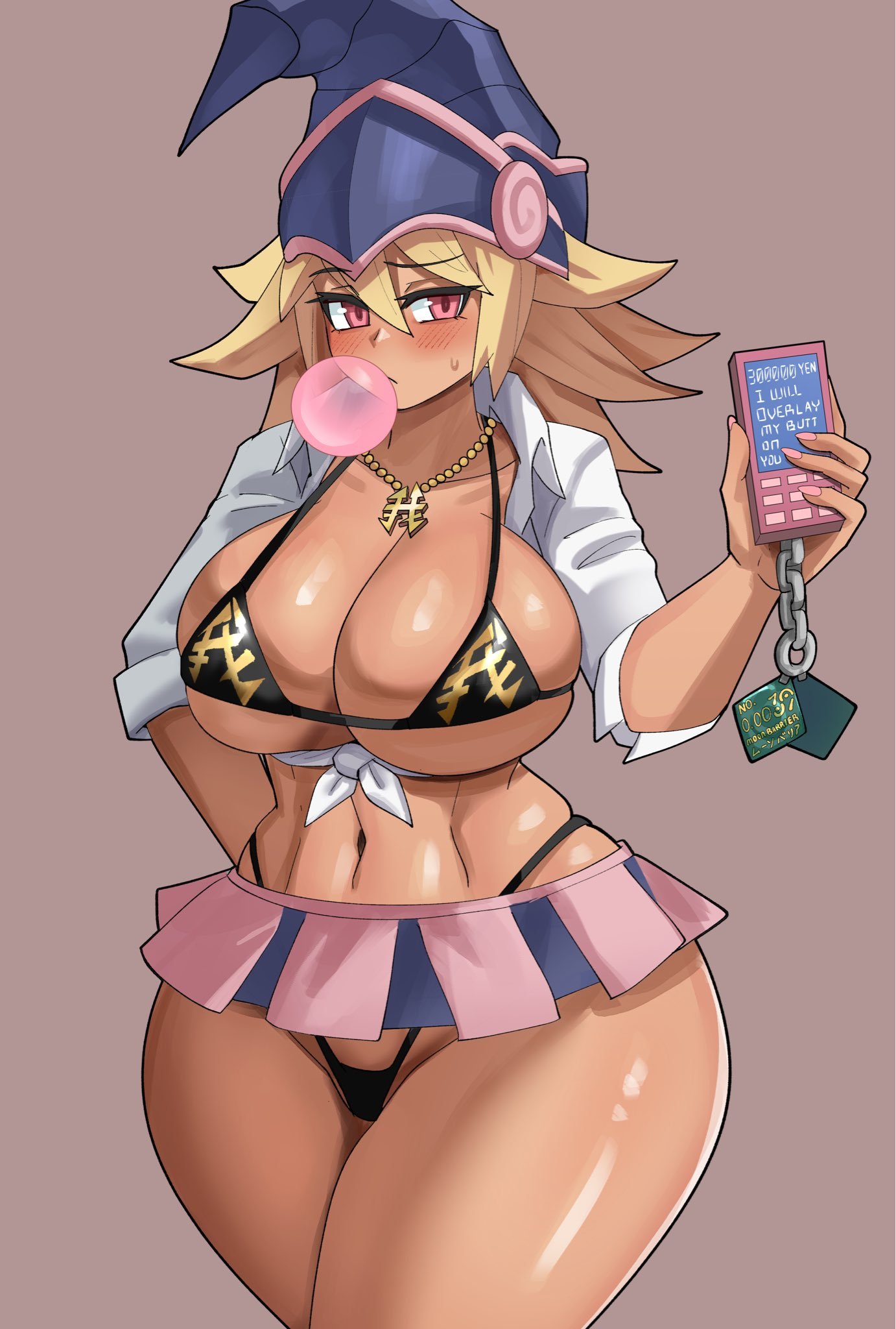 1girls, breasts, english text, female, female focus, female only, gagaga girl, gyaru, hi res, large breasts, looking at viewer, phone, skirt, solo, tan body, tan skin, tanned, tanned female, text, thick thighs, thighs, thong, wide hips, ytrall, yu-gi-oh!