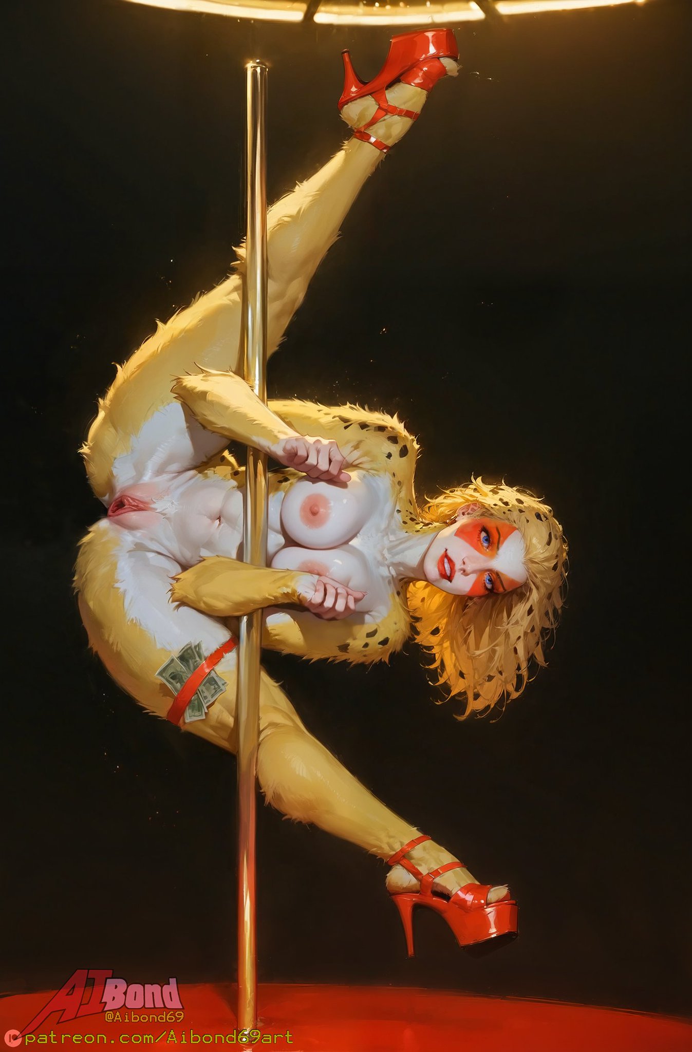 ai_generated aibond areolae athletic_female bare_thighs big_breasts blonde_hair blue_eyes breasts cheetah_girl cheetah_print cheetara female fur furry furry_female high_heels huge_breasts huge_thighs kemonomimi large_breasts legs_up long_hair looking_at_viewer nipples nude nude_female platform_heels pole_dancing puffy_nipples smiling solo_female squatting stretching sweat sweatdrop thick_body thick_female thick_thighs thighhighs thighs thundercats