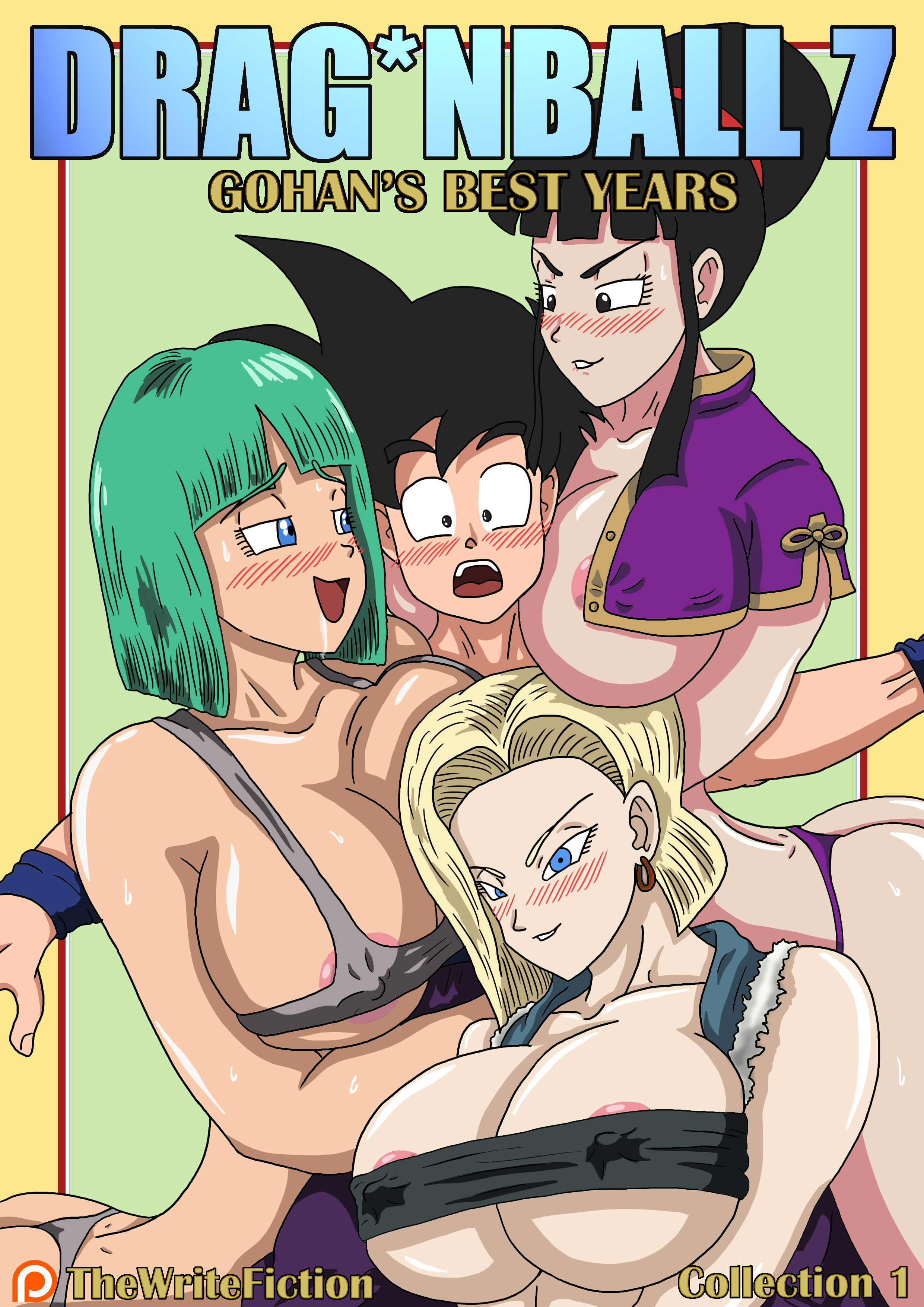1boy, 3girls, android 18, big breasts, black hair, black-haired female, blonde female, blonde hair, breasts, bulma briefs, bulma briefs (androids' saga), chichi, color, cover page, dragon ball, dragon ball z, female, green hair, green-haired female, half naked, half naked female, half-dressed, incest, male, mother and son, son gohan, son gohan (young), thewritefiction