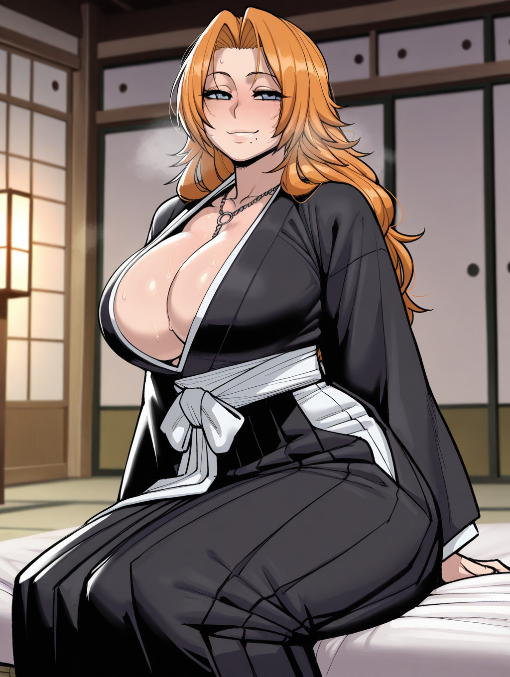 ai_generated astralgazer between_breasts bleach cleavage huge_breasts inner_sideboob japanese_clothes kimono large_breasts lips long_hair long_sleeves looking_at_viewer matsumoto_rangiku mole mole_under_mouth necklace necklace_between_breasts orange_hair overflowing_breasts seductive seductive_look seductive_smile sitting sitting_on_bed steaming_body sweat sweatdrop sweaty_breasts