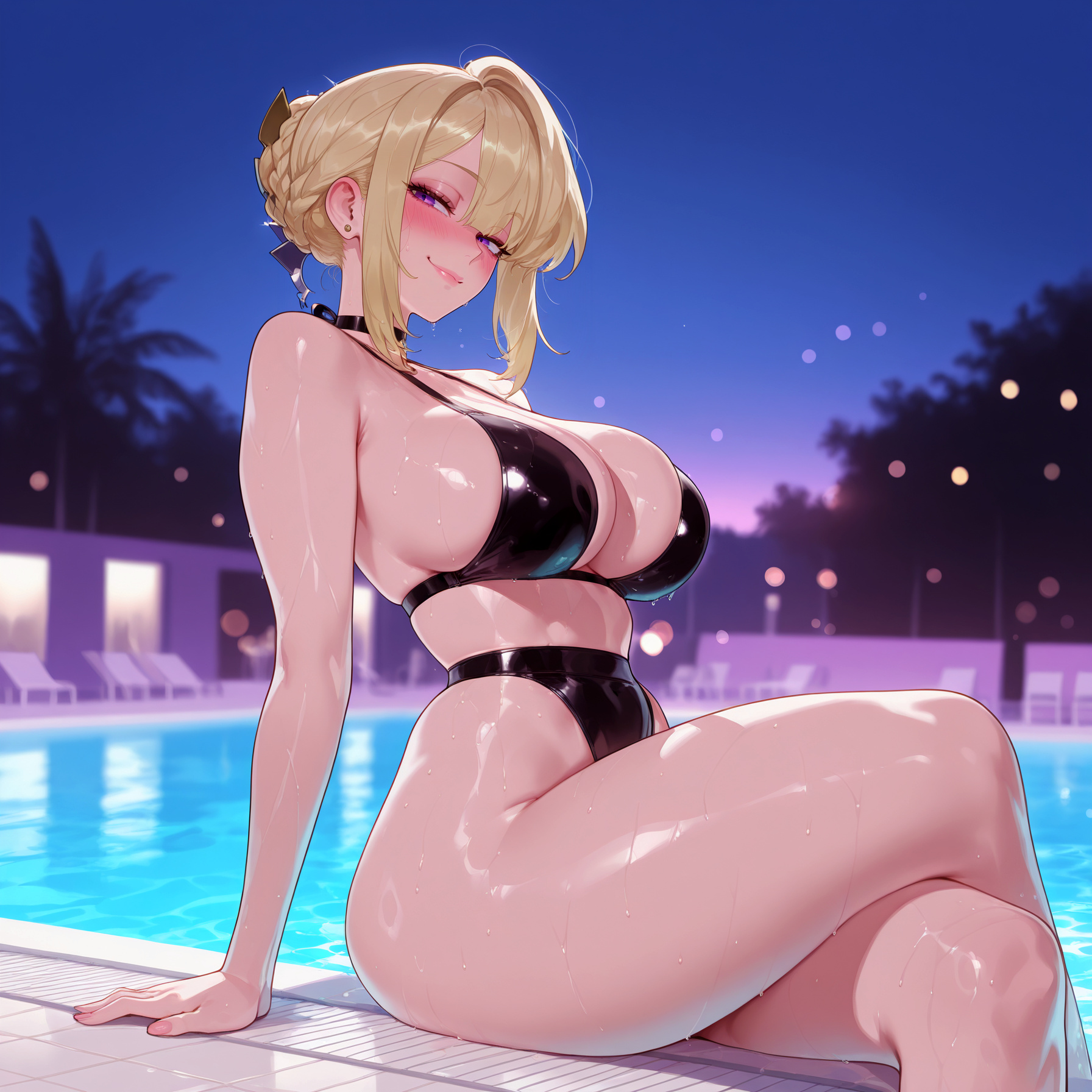 1girls, ai generated, arm support, ass, balecxi, bangs, bare shoulders, bikini, black bikini, black choker, black one-piece swimsuit, black swimsuit, blonde hair, blush, braid, breasts, choker, clavicle, cleavage, closed mouth, clothing, crossed legs, curvaceous, curvaceous female, curvaceous figure, curvy, curvy figure, earrings, evelyn chevalier, exhibitionism, female, female focus, female only, hair bun, hair ornament, highleg, highleg swimsuit, hoyoverse, huge breasts, inviting, inviting to sex, jewelry, large breasts, lips, looking at viewer, navel, night, night sky, one-piece swimsuit, outdoors, outside, partially submerged, ponytail, pool, poolside, presenting, presenting ass, presenting breasts, presenting hindquarters, presenting self, purple eyes, seductive, seductive look, seductive smile, sideboob, sidelocks, sitting, skindentation, sky, smile, solo, sweat, swimsuit, thick thighs, thighs, tree, voluptuous, voluptuous female, water, wet, zenless zone zero