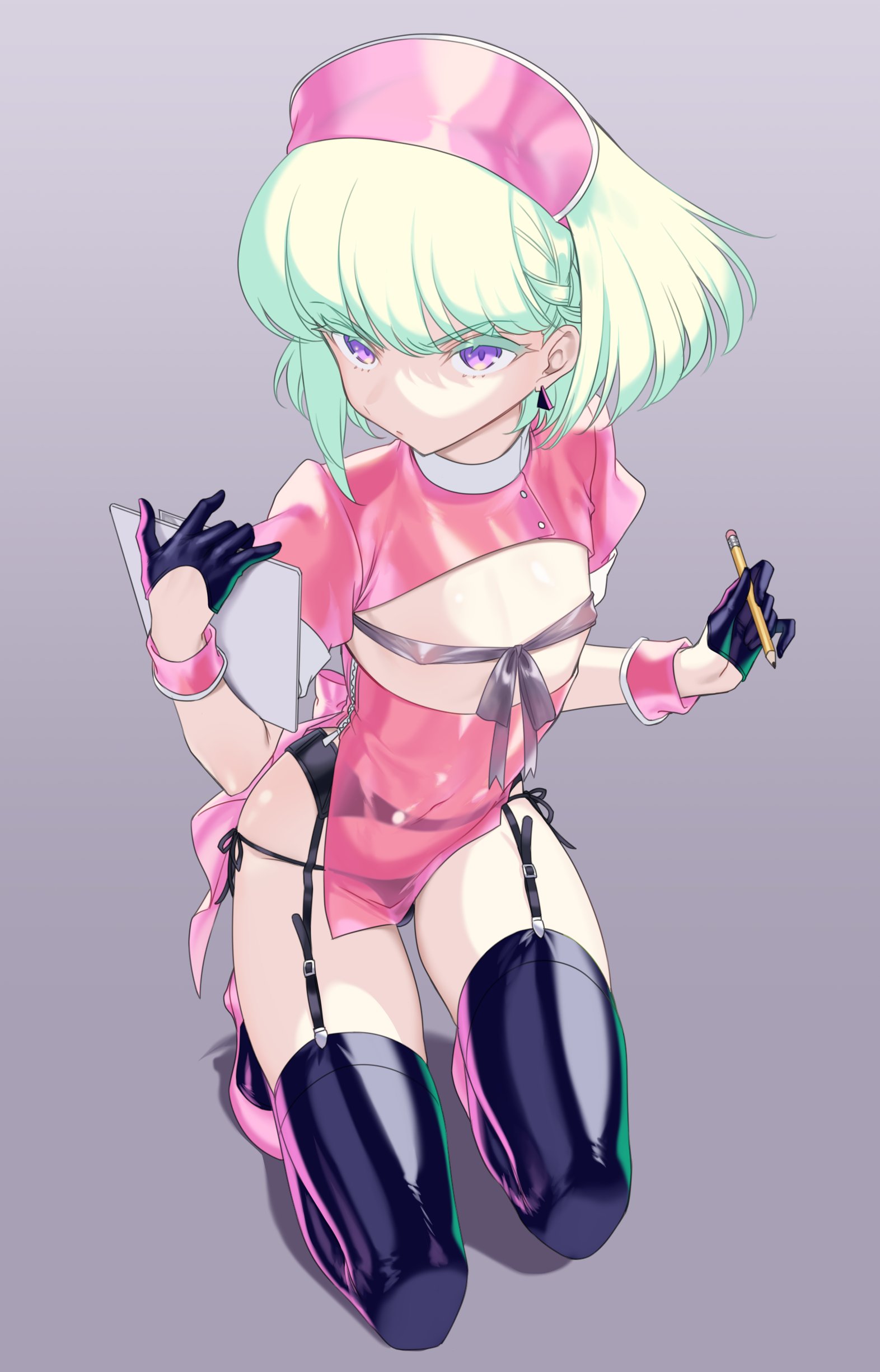 androgynous, burrrntlemon, crossdressing, femboy, gloves, lio fotia, male, nurse, nurse cap, nurse uniform, promare, see-through, see-through clothing, stockings