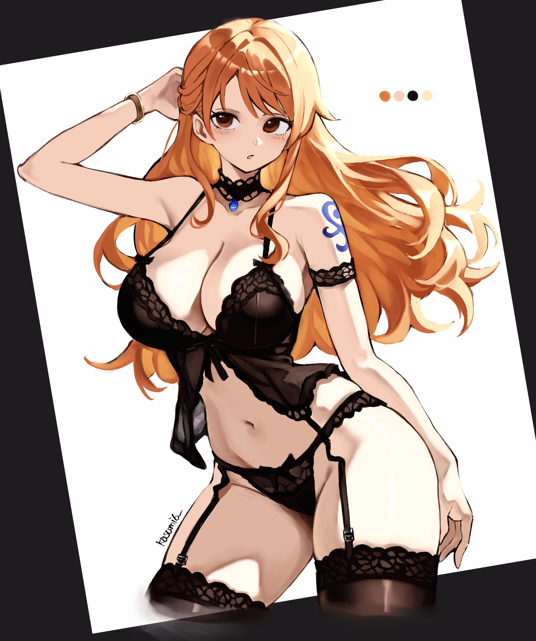 1girls, arm tattoo, artist signature, big breasts, black lingerie, blue tattoo, breasts, busty, cleavage, clothing, curvy, female, female only, garter belt, garter straps, kasumi6, kasumi6 , light skin, light-skinned female, lingerie, long hair, nami (one piece), one piece, orange hair, orange-haired female, post-timeskip, solo, tattoo, thick thighs, wide hips