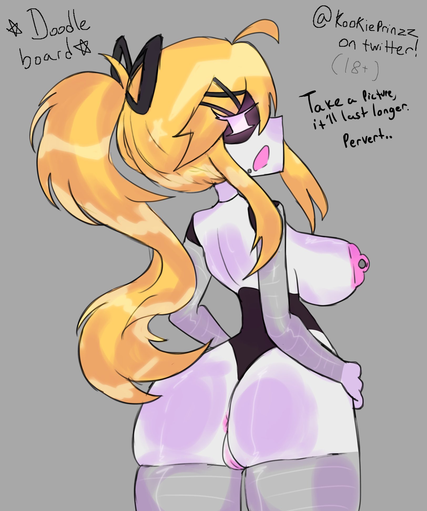 ass, ass focus, asshole visible, big ass, blonde hair, breasts, breasts out, female, female only, glitch productions, humiliation, kookieprinzz, lizzy (murder drones), murder drones, robot, robot girl, solo, tagme, white body, worker drone