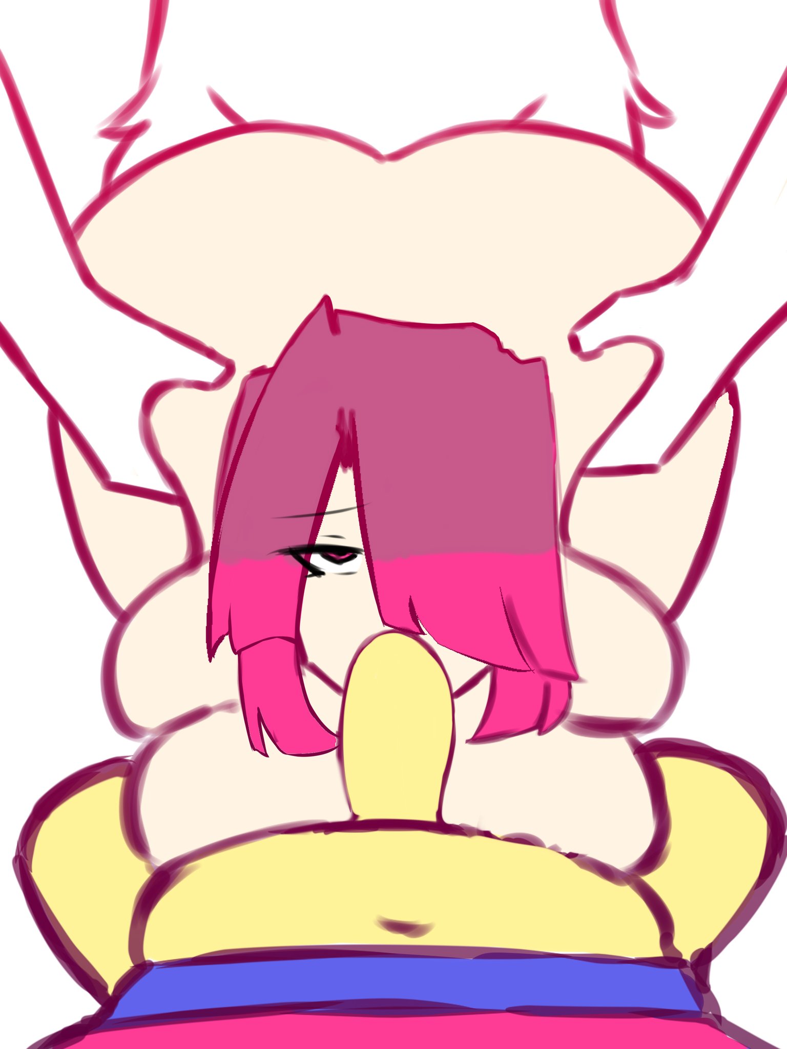 asriel dreemurr, ass, bete noire, betty noire, big ass, big breasts, big butt, blue shirt, breasts, brown hair, dick in mouth, female, frisk, frisk (undertale), gangbang, glitchtale, hair covering one eye, holding thighs, male, medium hair, penis, pink hair, undertale au, white background