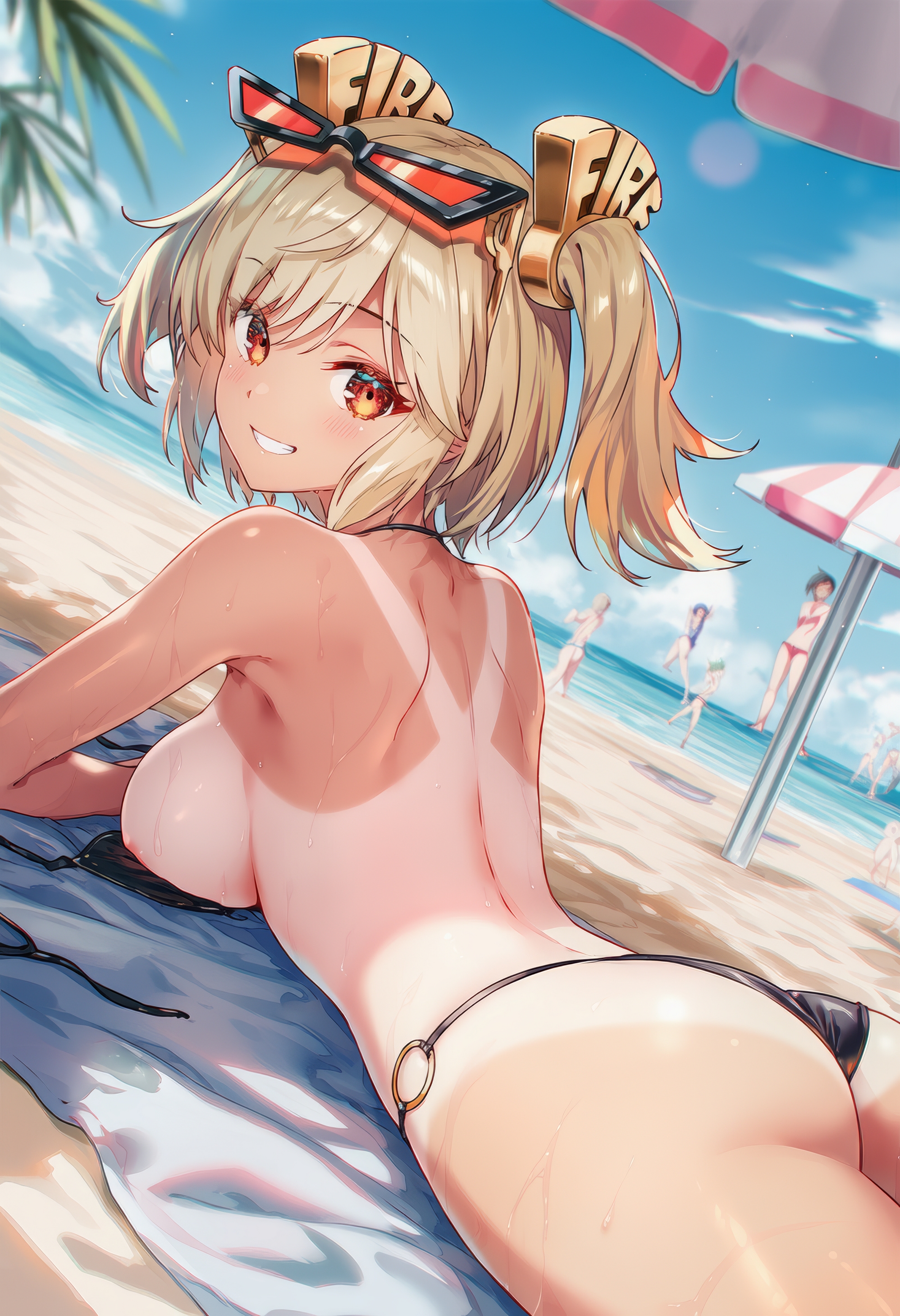 ai generated, ass, back view, beach background, beach umbrella, bikini bottom, breasts, breasts out, burnice white, curvy body, curvy female, eyewear on head, female, female focus, female only, laying on stomach, on beach, people in background, raaicave, sky background, smile, tanned female, tanned skin, topless, zenless zone zero