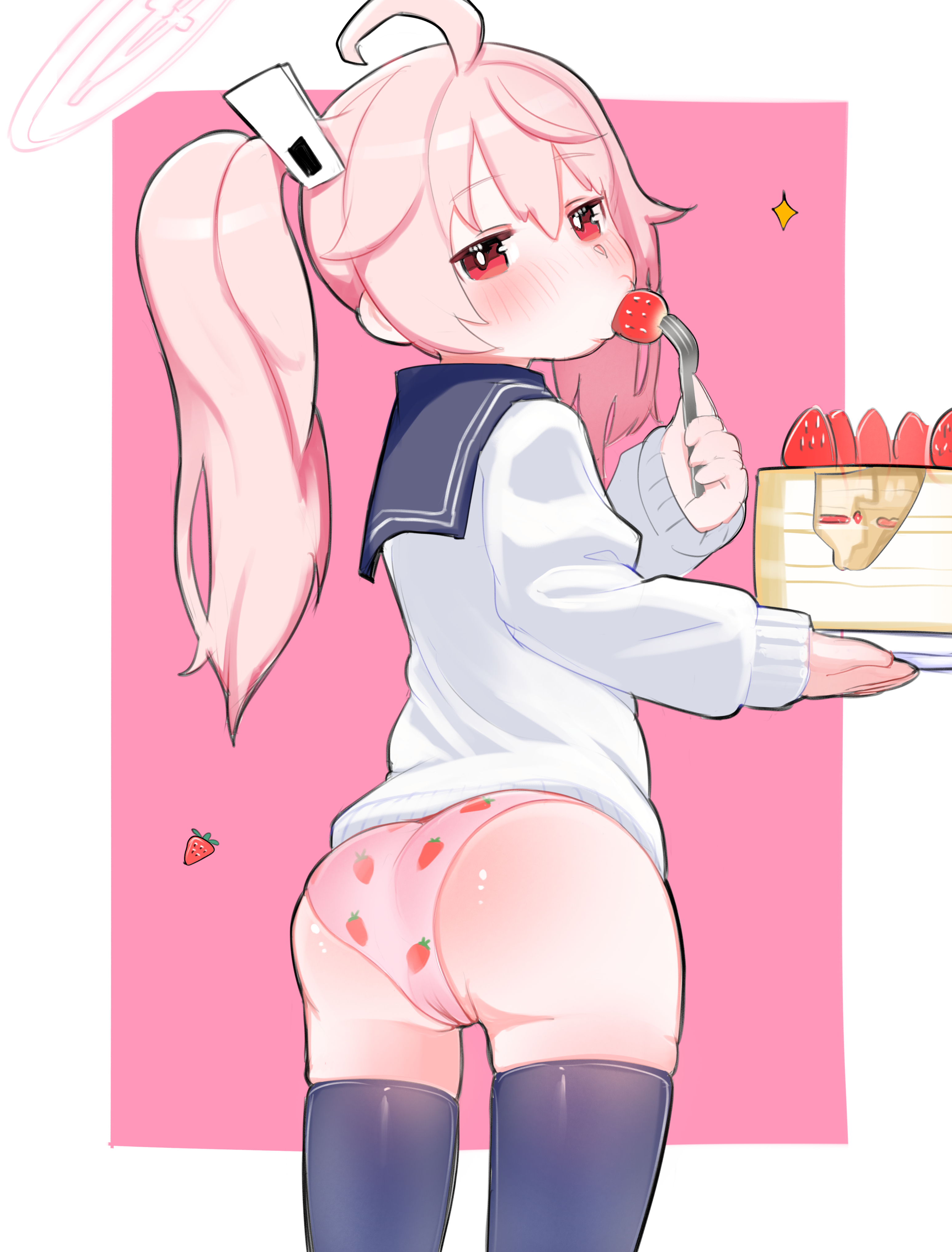 ass, ass cheeks, ass focus, big ass, blue archive, blush, blushing, blushing ass, cake, eating, female, food, food in mouth, halo, long hair, looking at viewer, natsu (blue archive), panties, presenting ass, red eyes, stockings, strawberry, strawberry print, trinity general school student, uminotacos, video game characterm, young