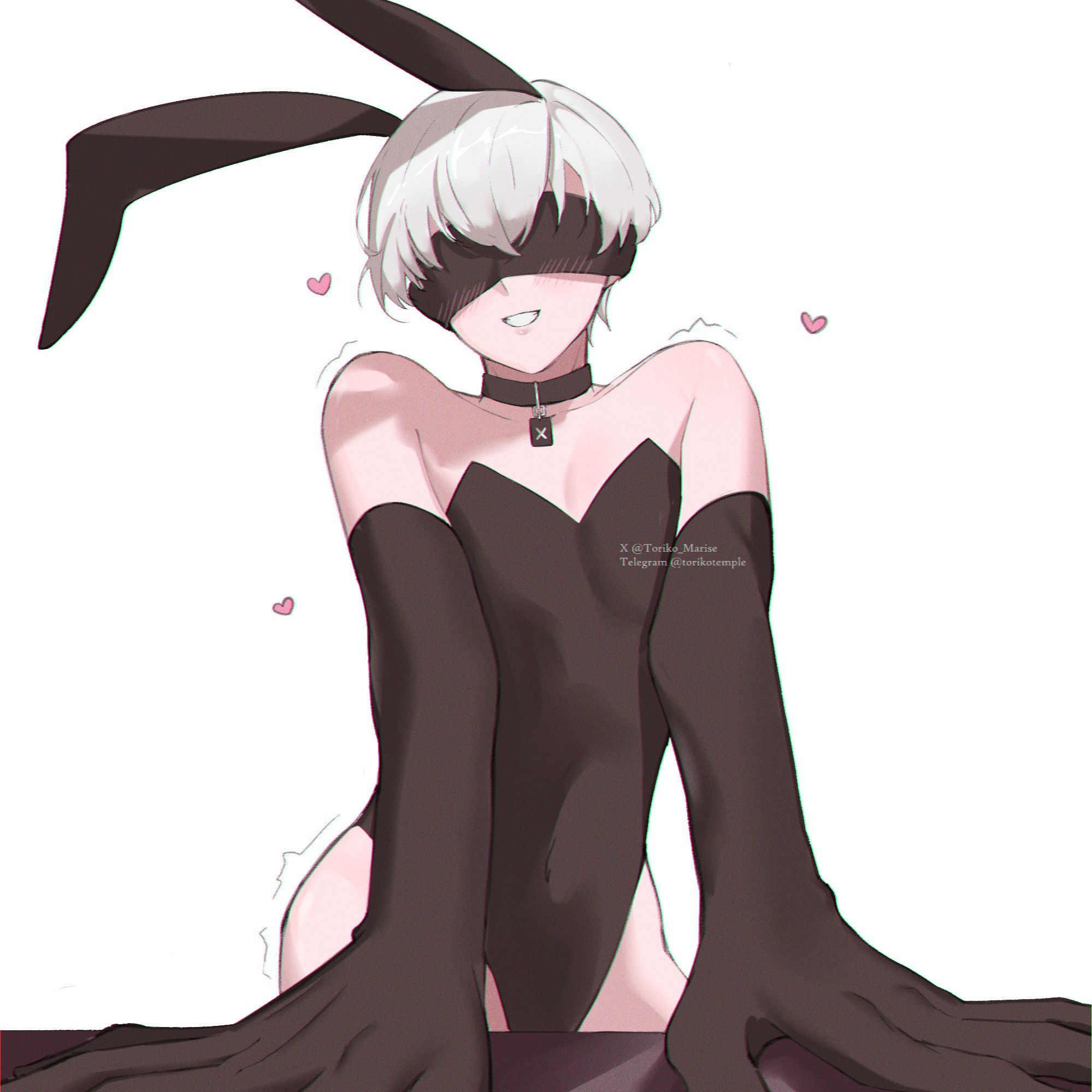 1boy, blindfold, blush, bunny ears, bunnysuit, clothing, femboy, heart, light skin, light-skinned male, looking at viewer, male, male only, nier, nier: automata, short hair, torikomarise, trap, white background, white hair, yorha 9s