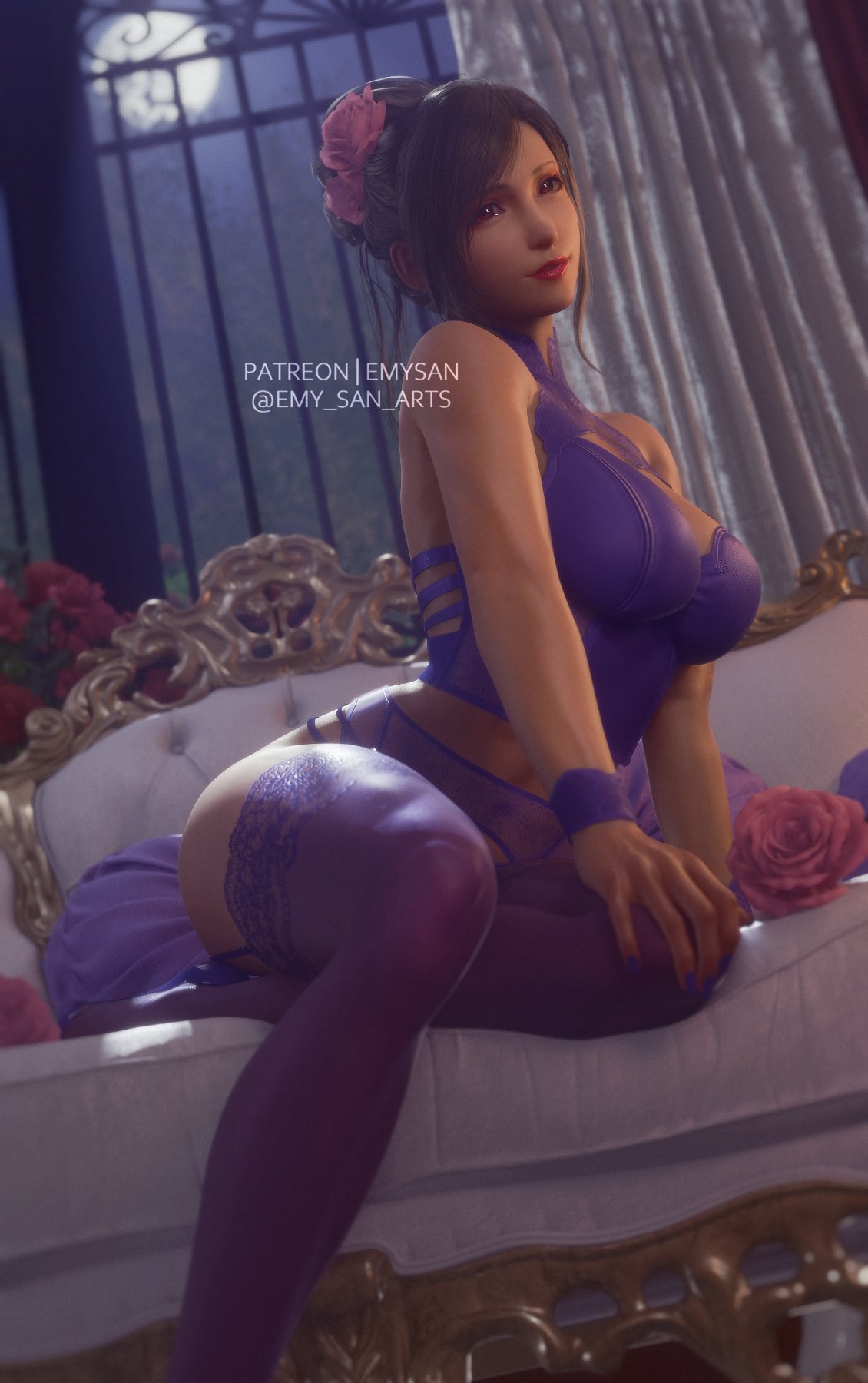 1girls, 3d, 3d (artwork), 3d model, 3d render, arched back, asian, asian female, big breasts, black hair, breasts, bustier, cleavage, clothed, couch, curtains, emy-san, female, final fantasy, final fantasy vii, final fantasy vii rebirth, final fantasy vii remake, fit, fit female, garter belt, garter straps, high heels, highres, hourglass figure, light skin, light-skinned female, lingerie, lingerie only, long hair, moonlight, night, painted nails, pillow, pose, posing, posing for the viewer, purple clothing, purple lingerie, realistic, red eyes, rose (flower), stockings, thighhighs, tifa lockhart, wristband