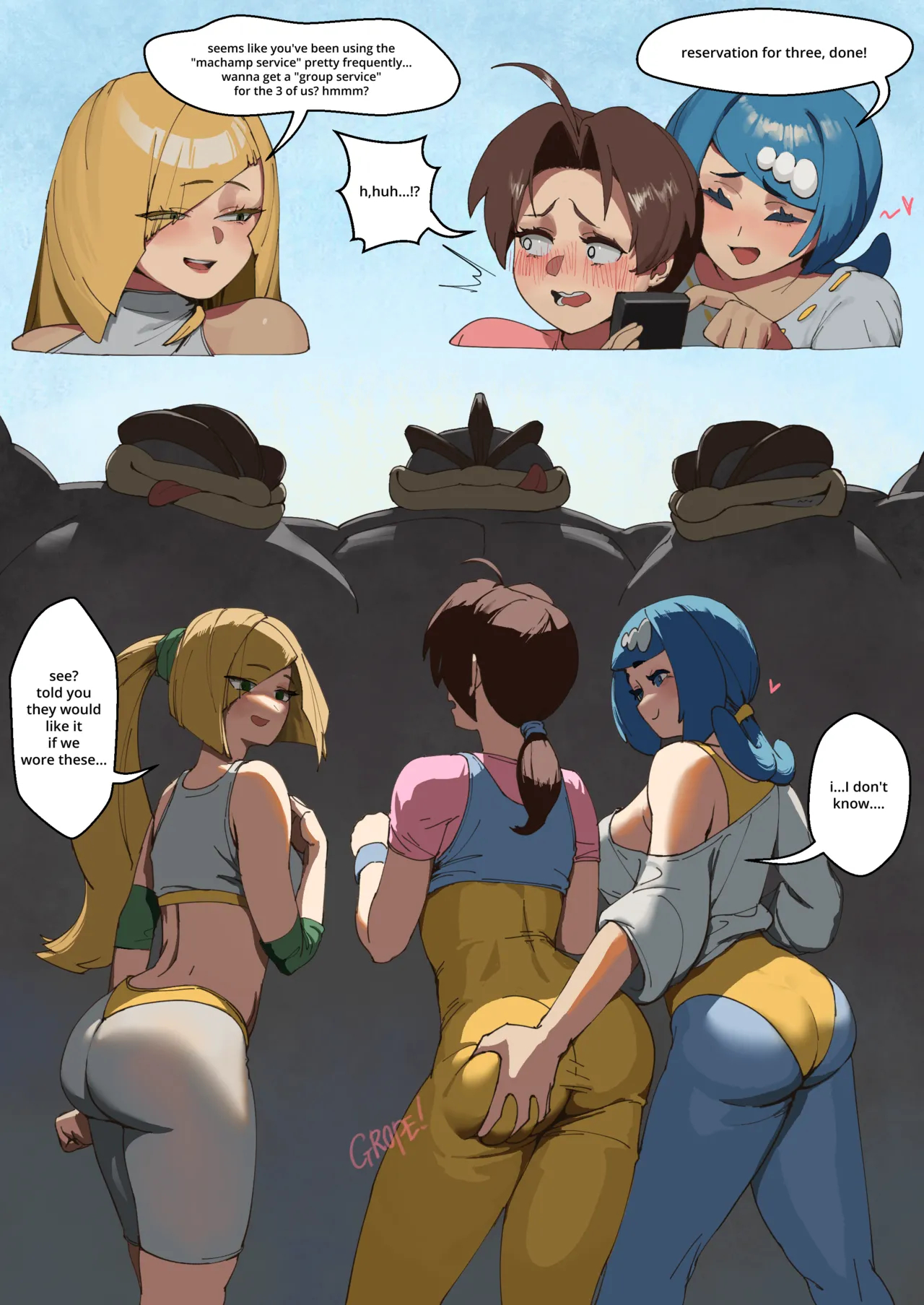 2d, 2d (artwork), 2d artwork, 3boys, 3girls, 3milfs, ass, ass grab, big ass, bisexual, bisexual female, blonde hair, blue hair, brown hair, comic, comic page, delia ketchum (pokemon), dialogue, english, english text, female, gym clothes, gym uniform, hair ornament, hi res, highres, humanoid, interspecies, lana's mother (pokemon), long hair, lusamine (pokemon), machamp, male, mature female, milf, milfs, nintendo, pokemon, pokemon (species), pokemon sm, pokephilia, tied hair, tight clothing, wjs07