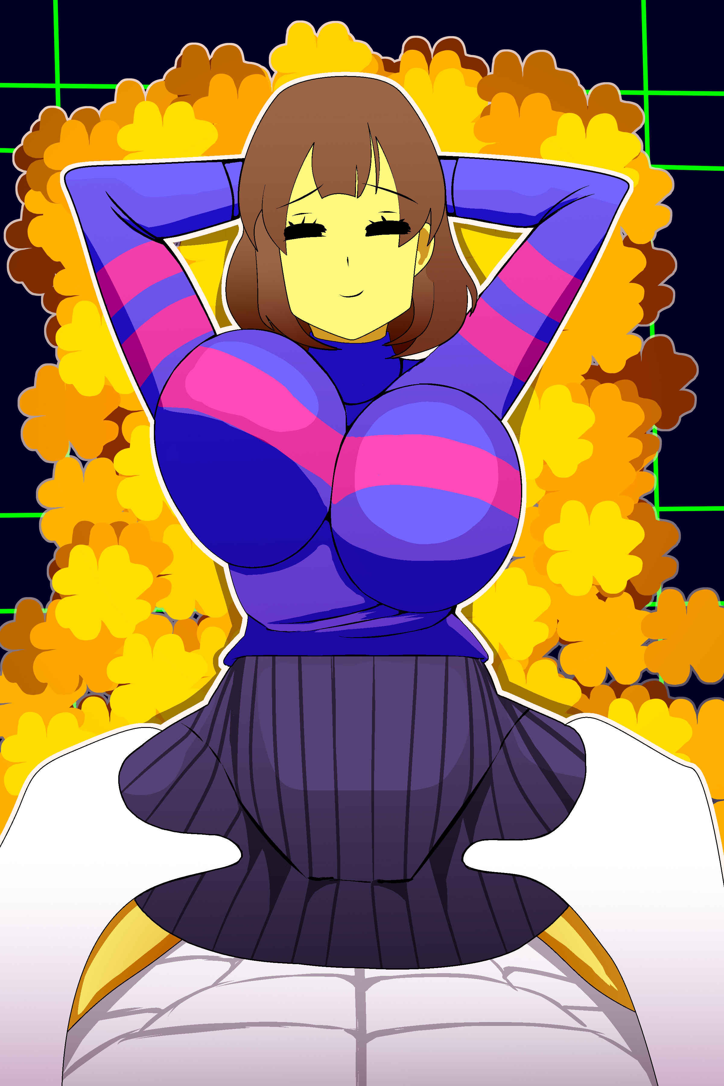 1boy, 1girls, aged up, anonymous male, asriel dreemurr, big breasts, breasts, closed eyes, closed mouth, clothed sex, female, female frisk, flowers, frisk, frisk (undertale), human, male, monster, no visible genitalia, sex, shirt, skirt, undertale, undertale (series), yazu (artist), yazuel aliel, yellow skin