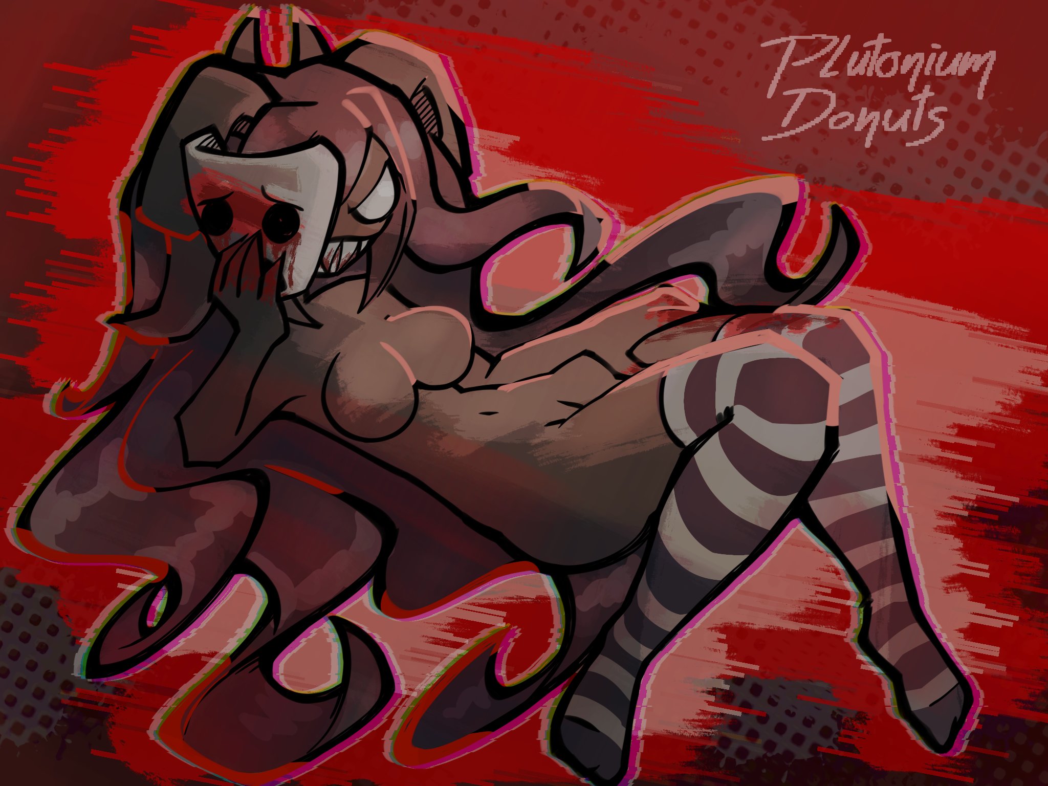 1girls, 2025, big breasts, black hair, blood, breasts, curly hair, demon, demon girl, demon horns, feet, female, female only, holding object, long hair, lying, lying on back, mask, plutoniumdonuts, socks, solo, striped legwear, striped socks, the binding of isaac, the siren (the binding of isaac), thighhighs, thighs, white eyes