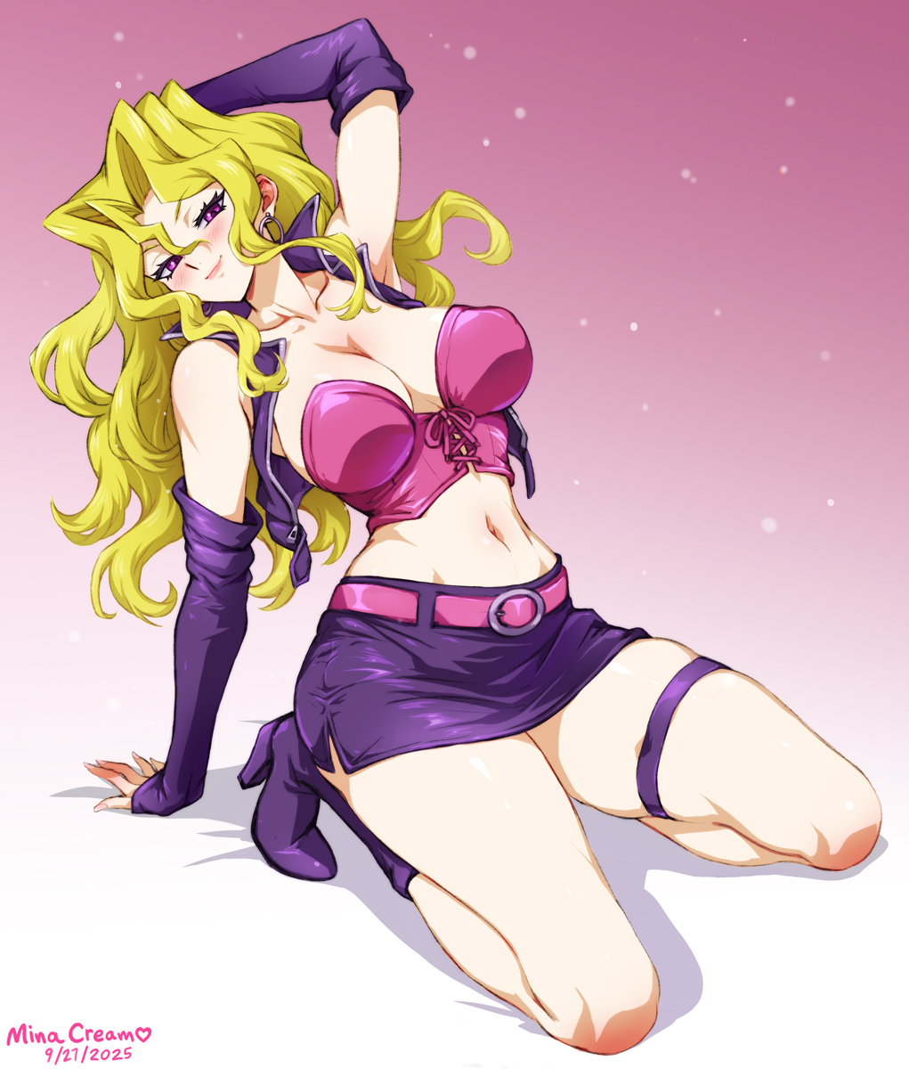 1girls, arm behind head, armwear, belt, blonde hair, blush, breasts, cleavage, crop top, detached sleeves, earrings, female, female only, footwear, hair, heels, high heels, hoop earrings, long hair, mai valentine, minacream, pencil skirt, purple eyes, purple skirt, skirt, smile, solo, solo female, thigh strap, topwear, yu-gi-oh!, yu-gi-oh! duel monsters