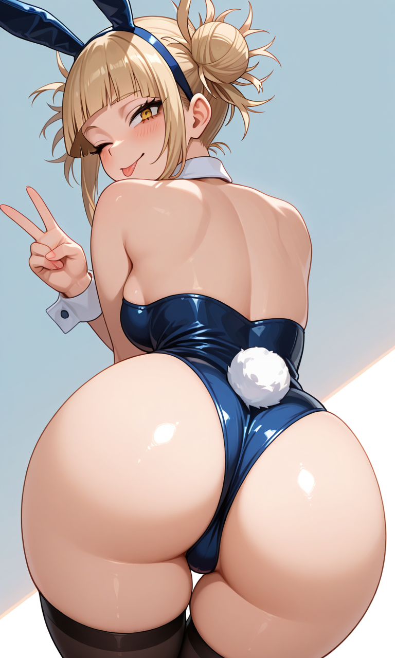 ai, ai eyes, ai generated, ass, ass focus, bent over, boku no hero academia, bunny ears, bunny girl, bunnysuit, curvy, himiko toga, peace sign, sexy, sexy body, sticking out tongue, sticking tongue out, toga himiko, yellow eyes, yellow hair