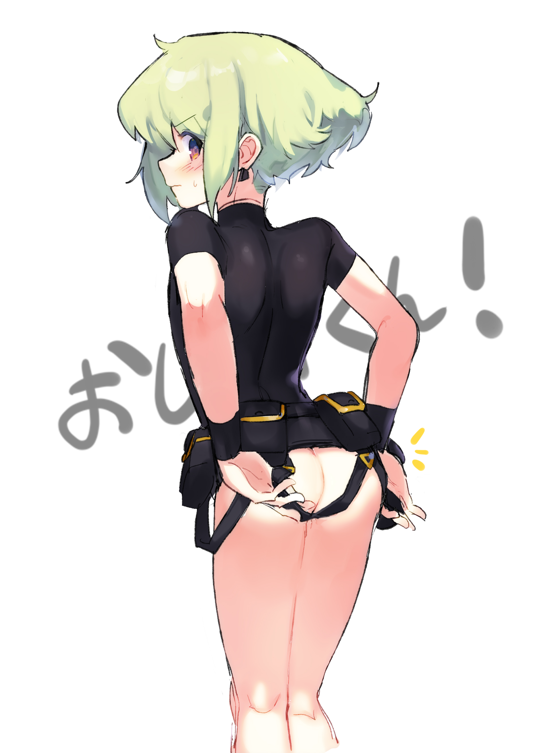 1boy, androgynous, ass, embarrassed, femboy, half naked, half-dressed, instanttnoodle, lio fotia, male, petite, promare, shirt