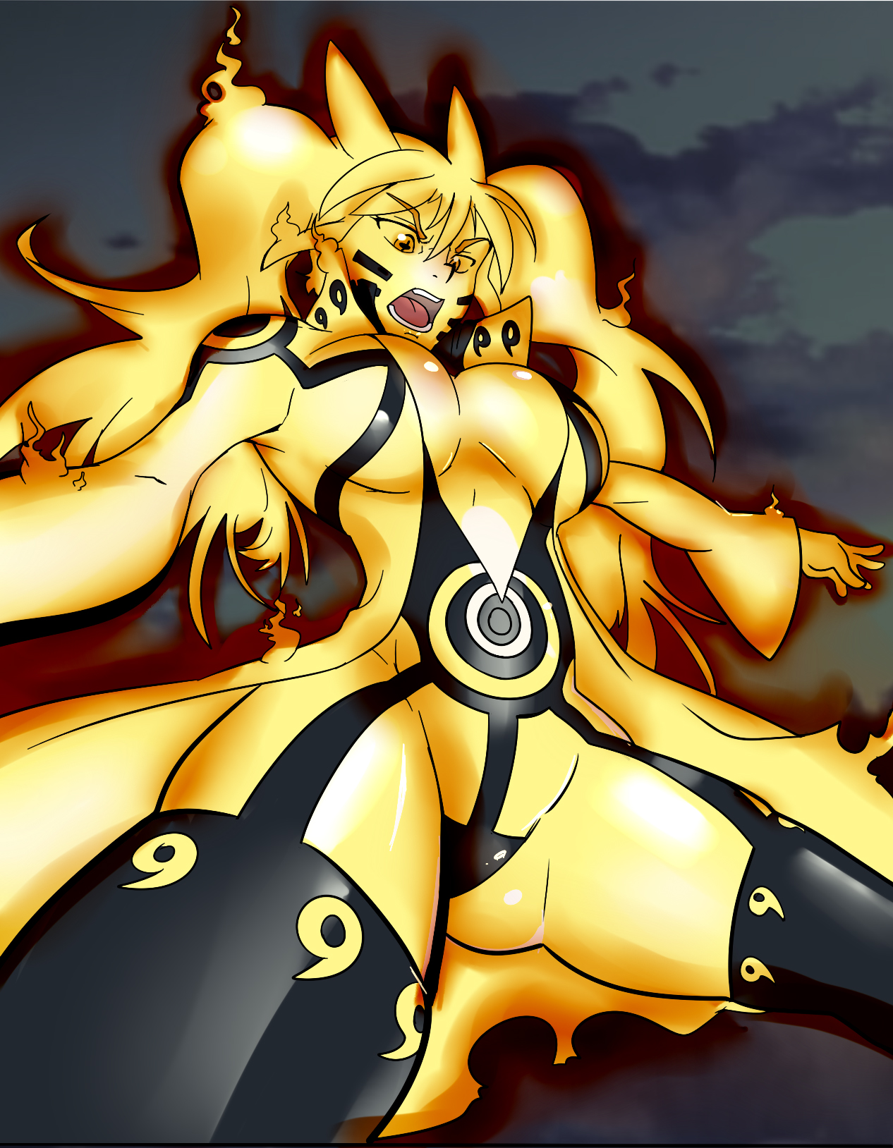 1girls, big breasts, blonde hair, breasts, canon genderswap, cleavage, female, female only, garter straps, hourglass figure, huge breasts, kunoichi, kyuubi chakra mode, large breasts, long hair, magatama, naruko, naruto, naruto (series), naruto shippuden, ninja, open mouth, rule 63, sage mode, sexy no jutsu, shounen jump, solo, solo focus, straight, twintails, uzumaki naruto, voluptuous
