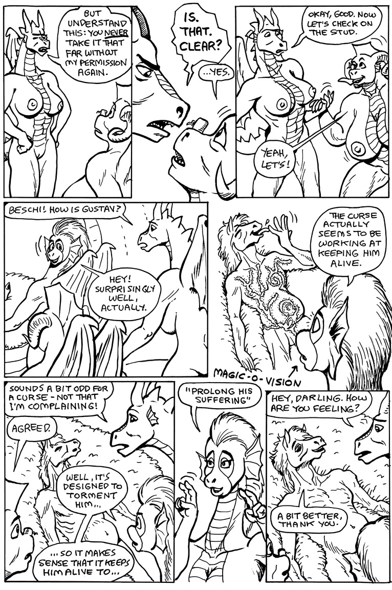 2017 anthro areola bessy big_breasts black_and_white breasts claws closed_eyes comic dragon english_text equine fangs female gustav_(here_there_be_dragons) half-closed_eyes here_there_be_dragons horn horse karno licking male mammal monochrome nipples olga open_mouth pussy scalie speech_bubble teeth text tongue tongue_out wings zashy