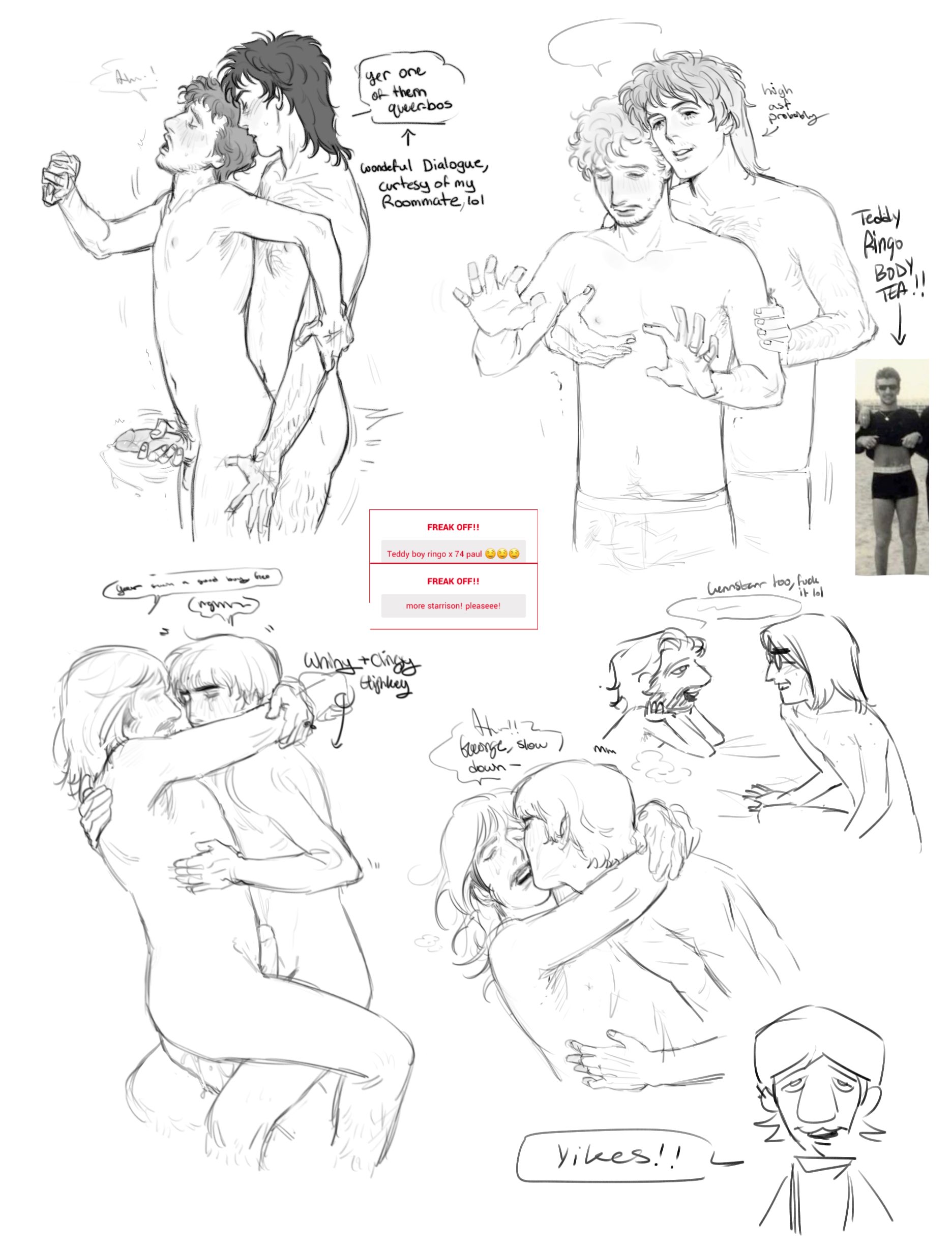 4boys, anal sex, gay, george harrison, handjob, handjob while penetrating, john lennon, line art, male only, mazapaneze, musician, nude, paul mccartney, real person, ringo starr, sketch, sketch page, the beatles, yaoi