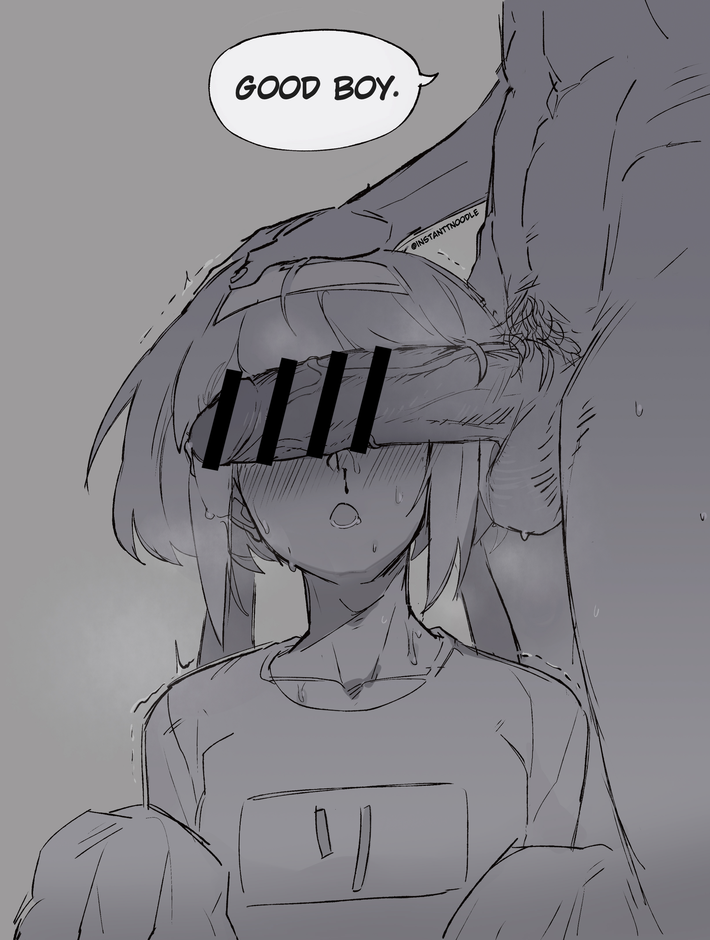 2boys, androgynous, black and white, censored, cock over eyes, femboy, gay, good boy, head grab, imminent fellatio, instanttnoodle, lio fotia, looking at penis, m/m, male, penis, praise, promare, text, yaoi