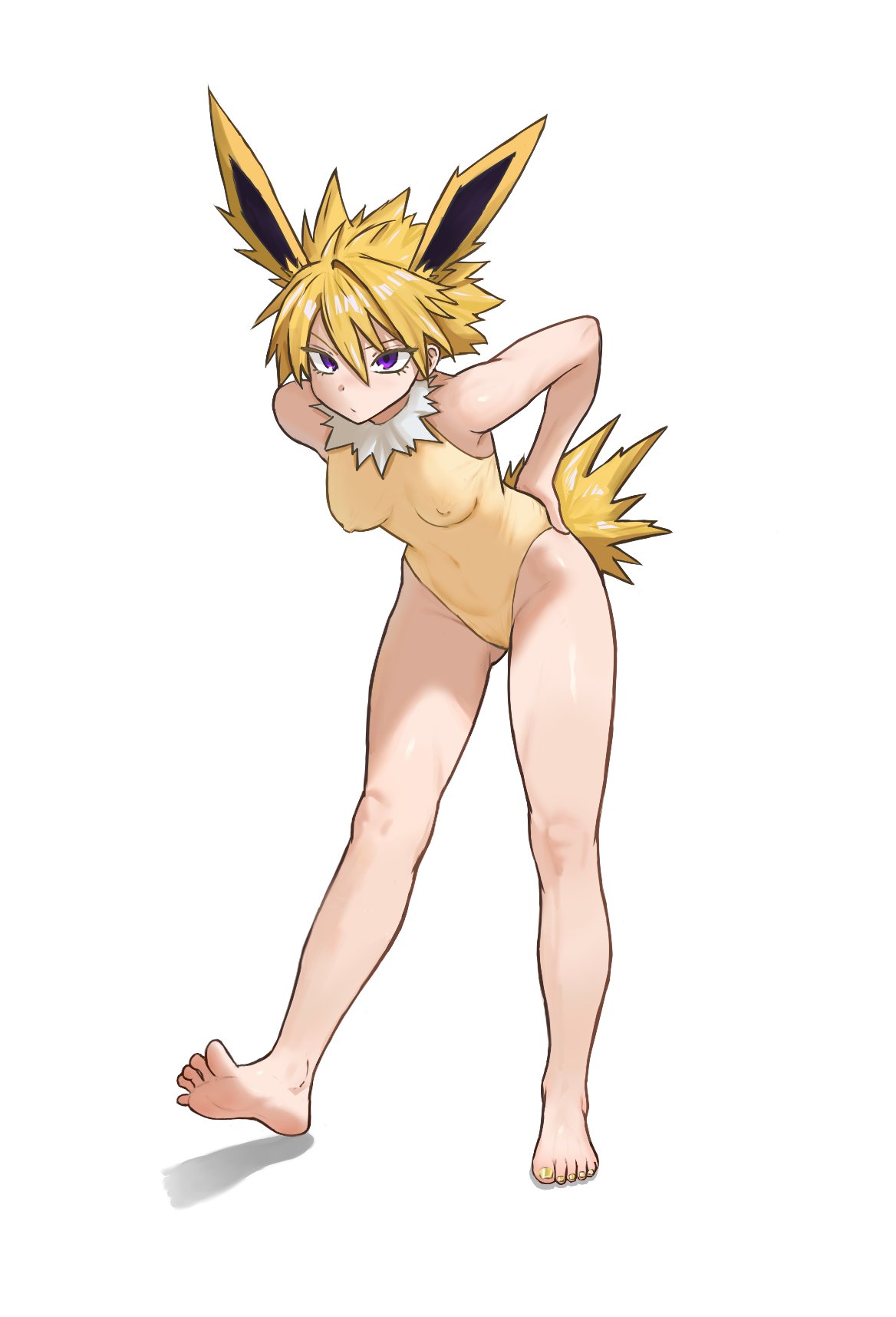 1girls, 2d, animal ears, barefoot, bodysuit, breasts, clothed, cosplay, digital media, eeveelution, feet, female, female only, full body, gijinka, hand on hip, jolteon, leaning forward, light skin, light-skinned female, looking at viewer, nipple bulge, nipples visible through clothing, painted toenails, pokemon, purple eyes, short hair, short tail, simple background, small breasts, solo, spiked tail, spiky hair, tail, white background, yellow bodysuit, yellow fur, yellow hair